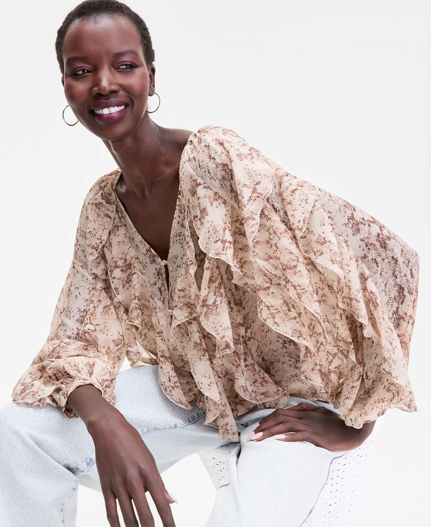 Women's V-Neck Ruffle-Front Top, Macy's Exclusive  - Mia Snake - L