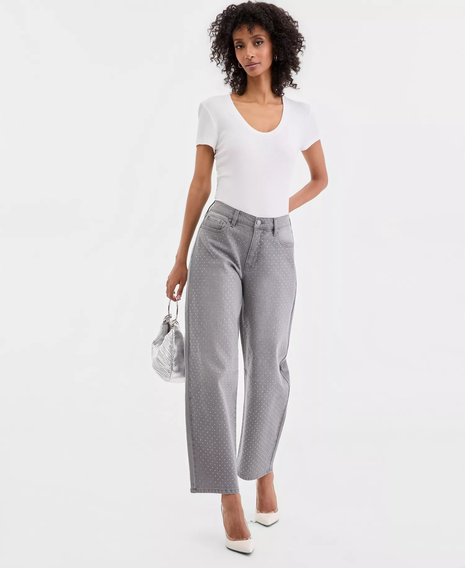 Women's High-Rise Rhinestone Barrel-Leg Jeans, Macy's Exclusive - Perry Wash - 0