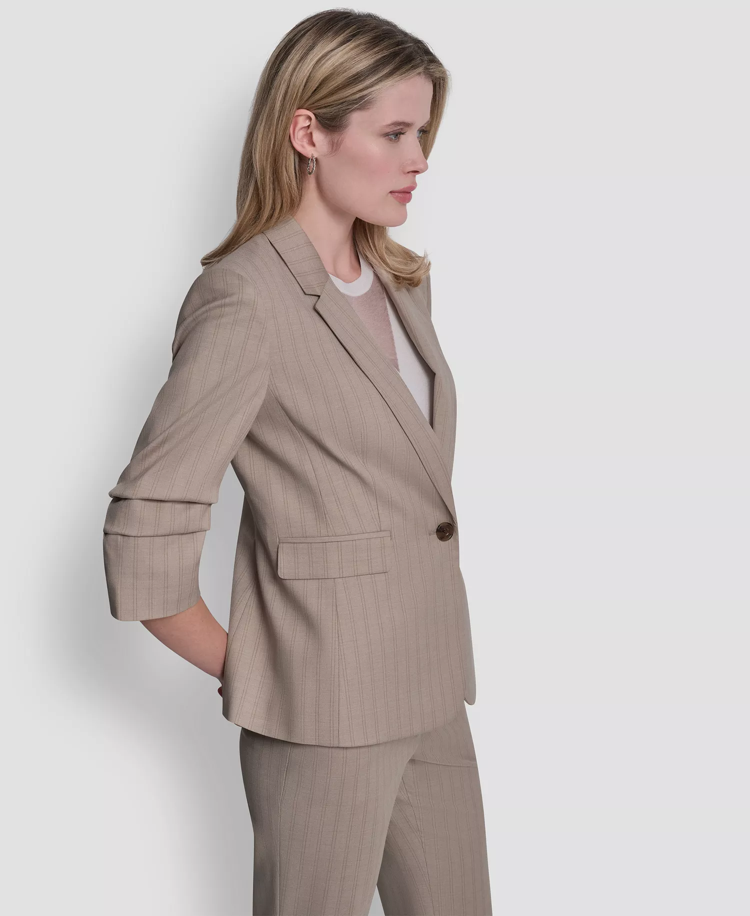 Petite Ruched Sleeve Notch Collar Blazer and Pinstripe Modern Fashion Pants - Beige - 0P