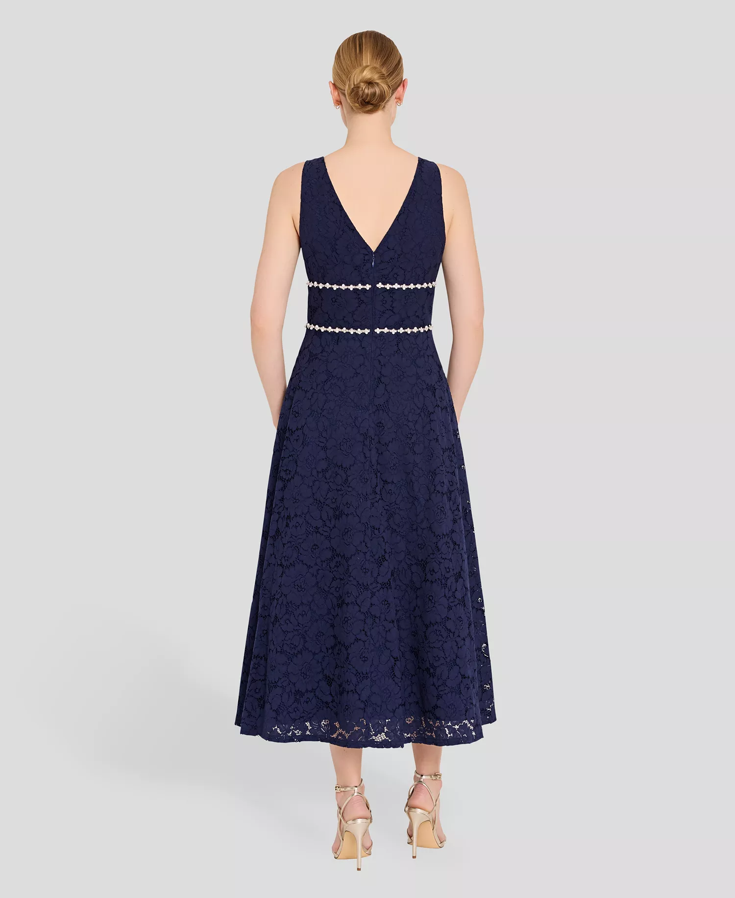 Women's V-Neck Lace Tea Length Ball Gown - Navy - 10