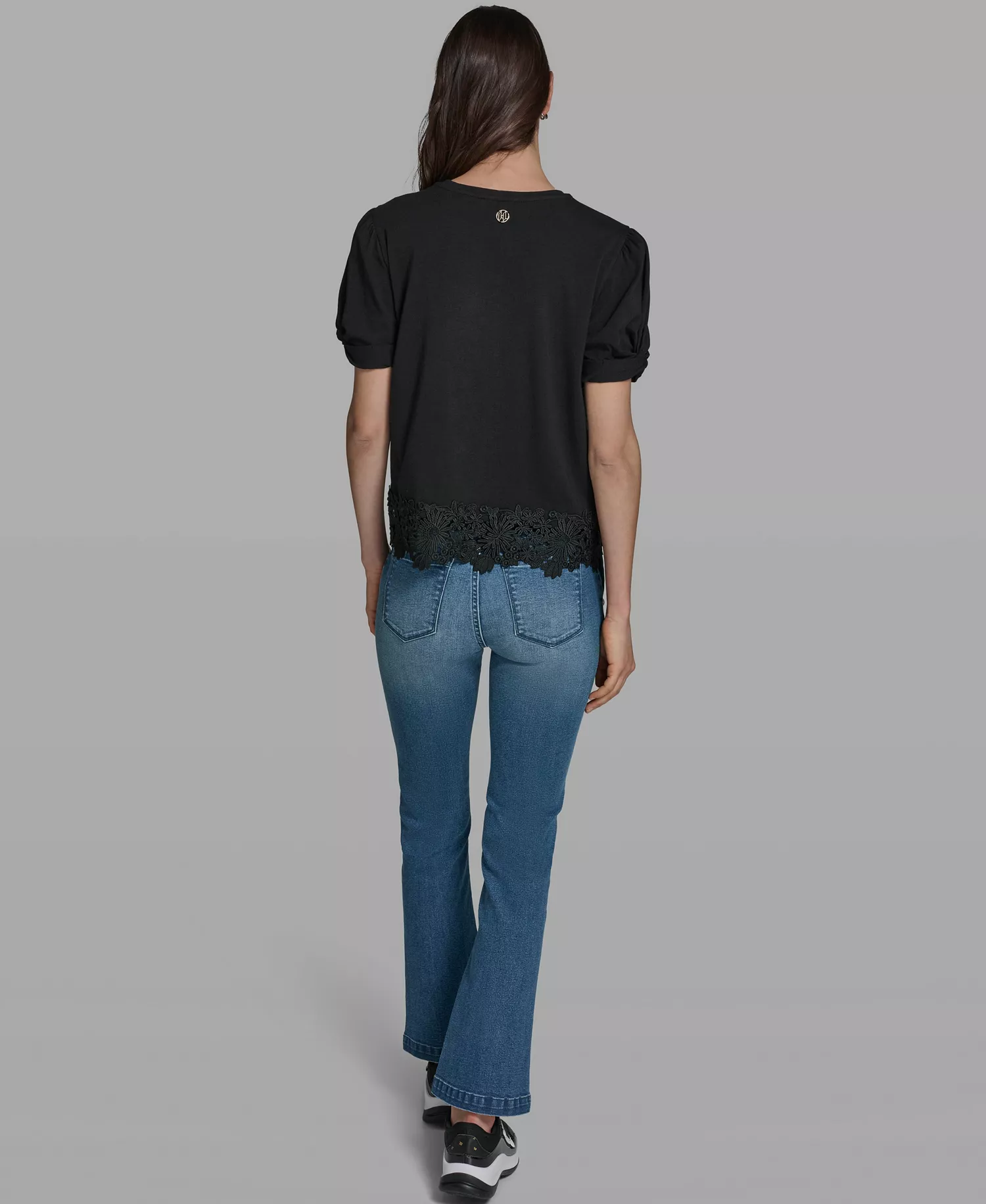 Women's Crew Neck Short-Sleeve Floral Crochet-Trim Top - Black - L