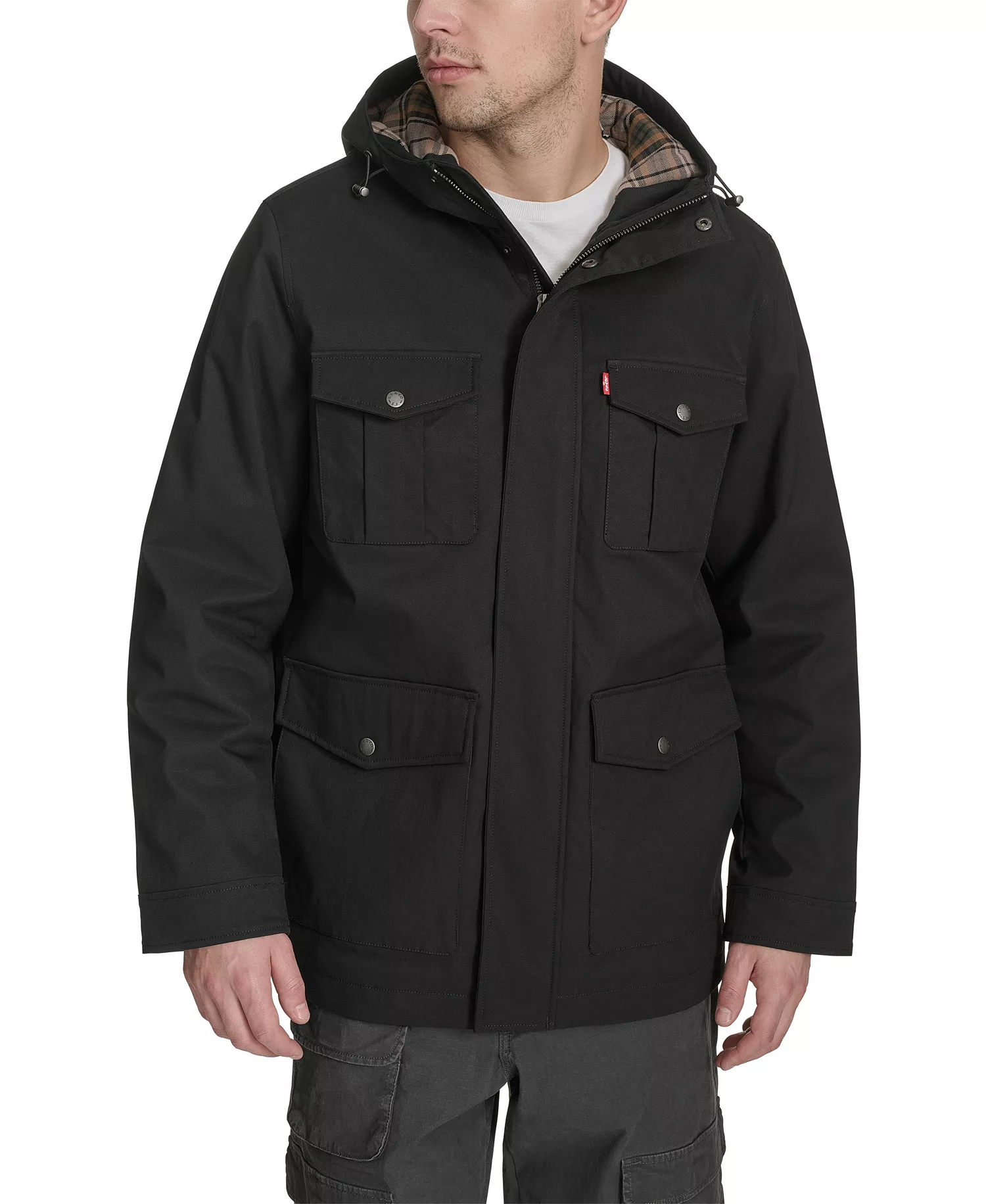 Men's Field Parka with Plaid Lining Jacket - Black - 2XL