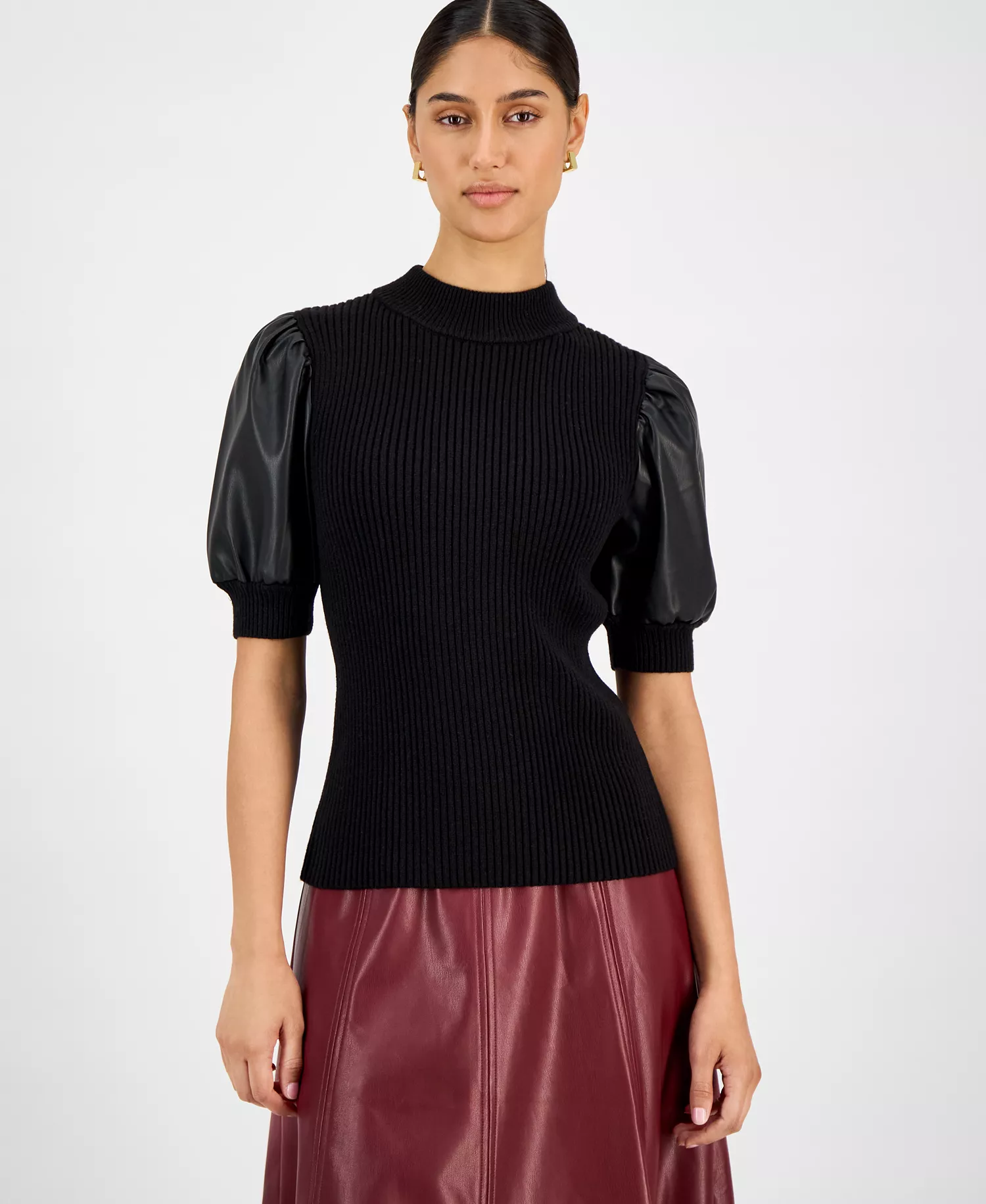Women's Ribbed Faux-Leather-Sleeve Top - Black - L