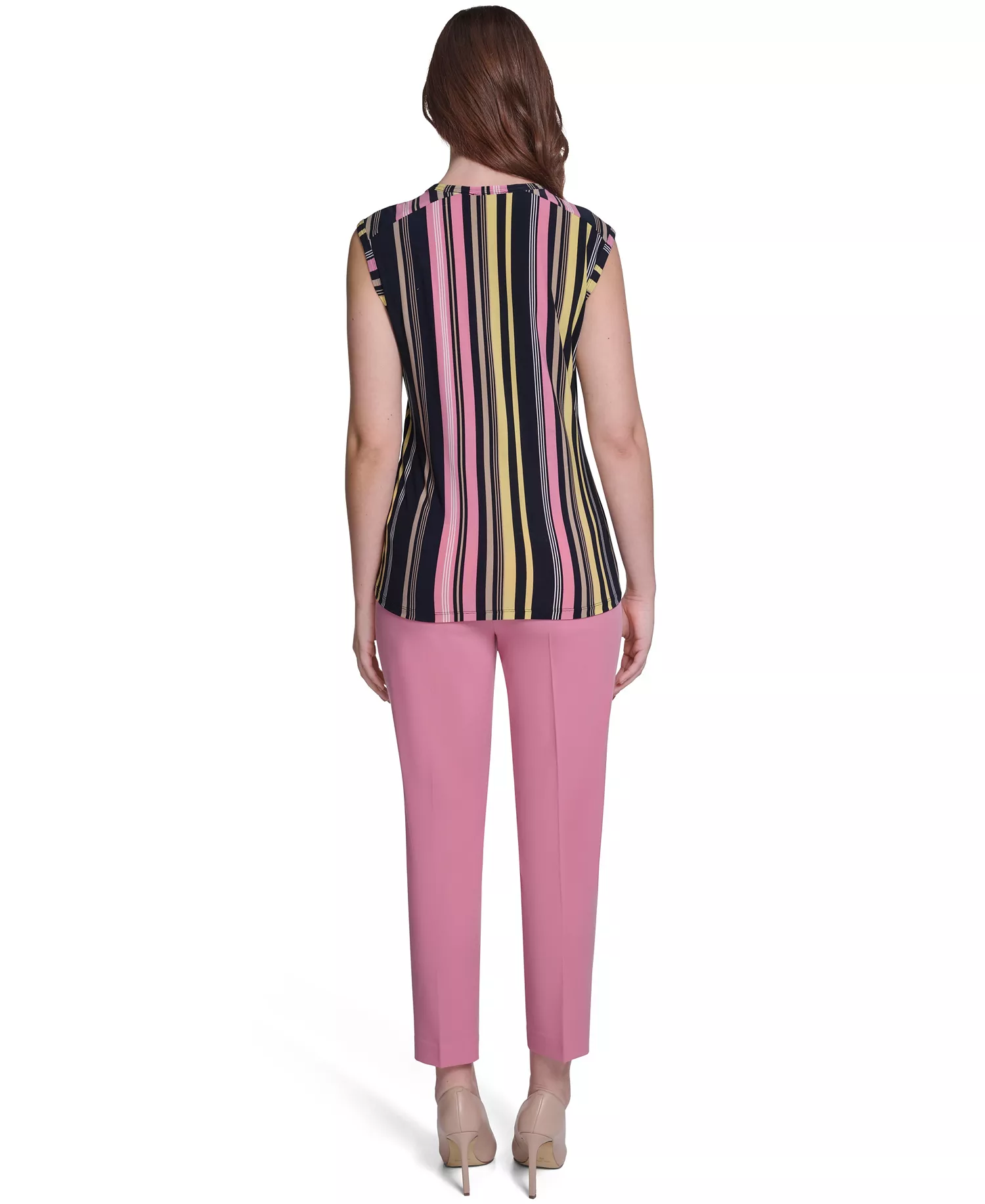 Women's Sleeveless Crewneck Stripe Top - Midnight/Pink Tulip - L