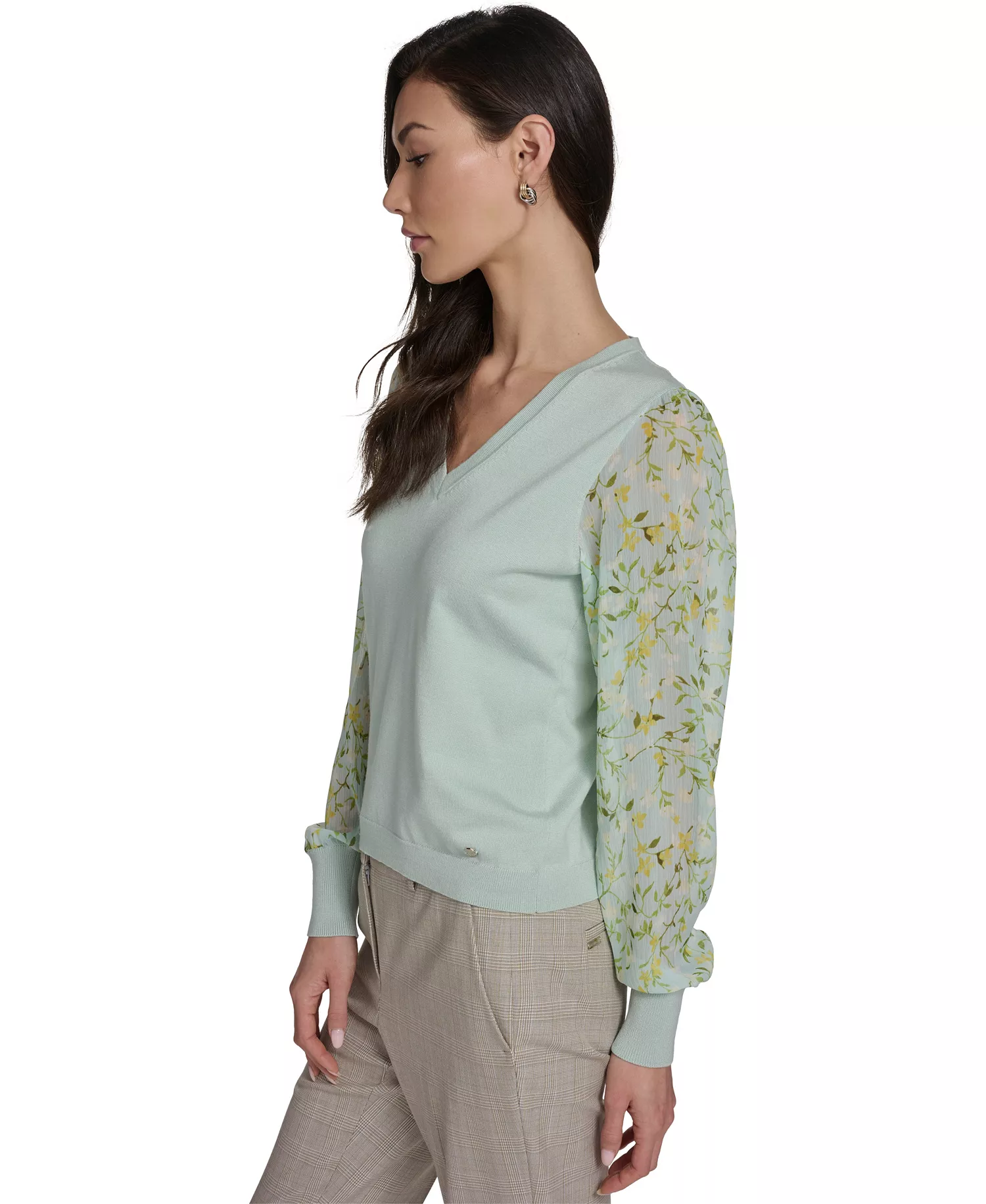 Women's Mixed Media V-Neck Sweater - Harbor Gray Multi - L