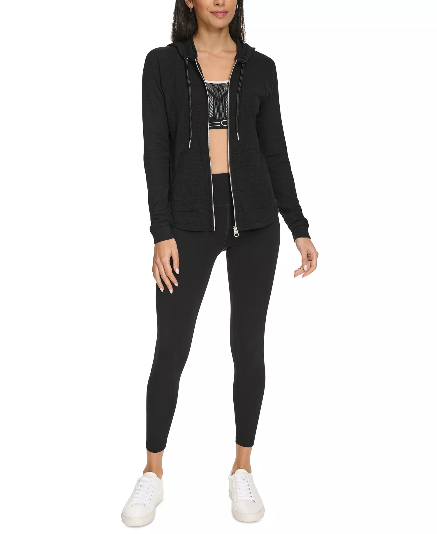 Ruched-Sleeve Zip Hoodie - Black - XS