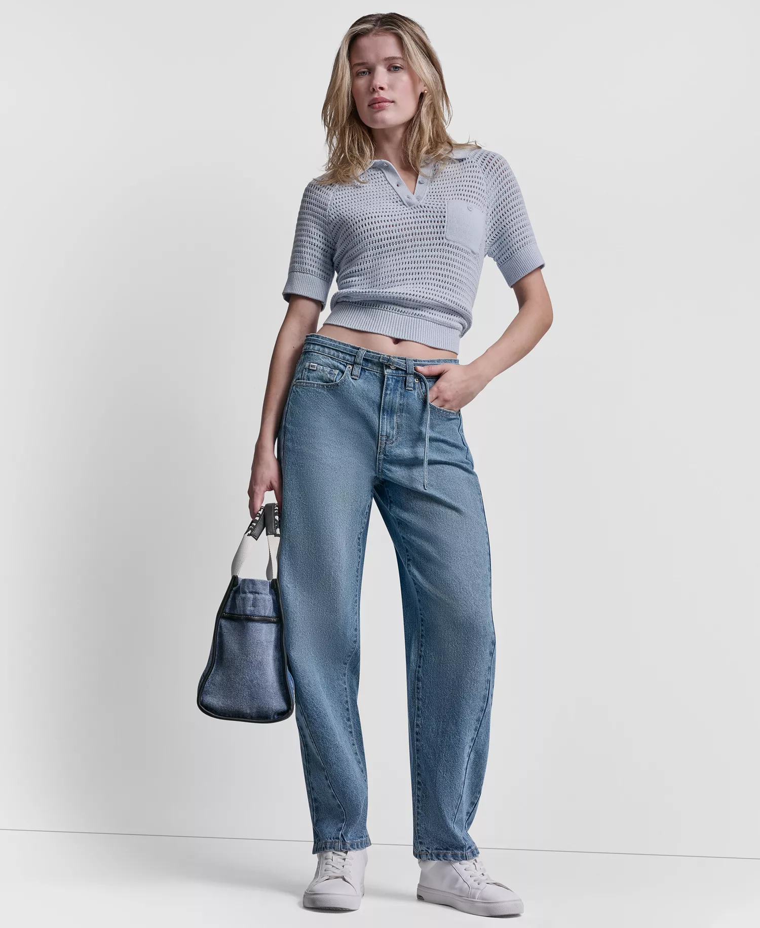 Women's Mid-Rise Forward Seamed Barrel Jeans With Self Belt - Waterford - 24