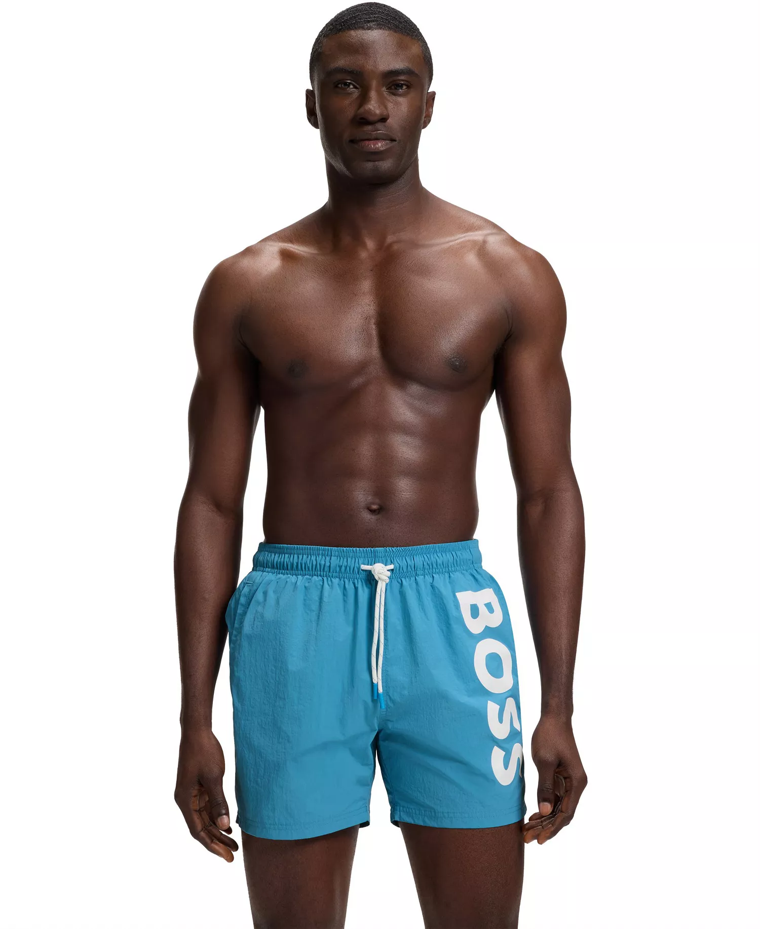 Men's Quick-Dry Vertical Logo Print Swim Shorts - Aqua - 2XL