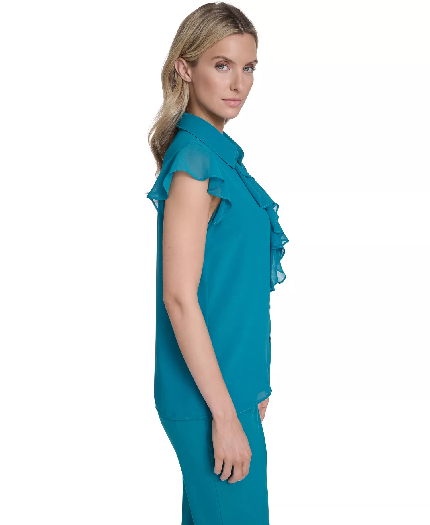 Petite Short-Sleeve Ruffle Top - Petrol - P/L