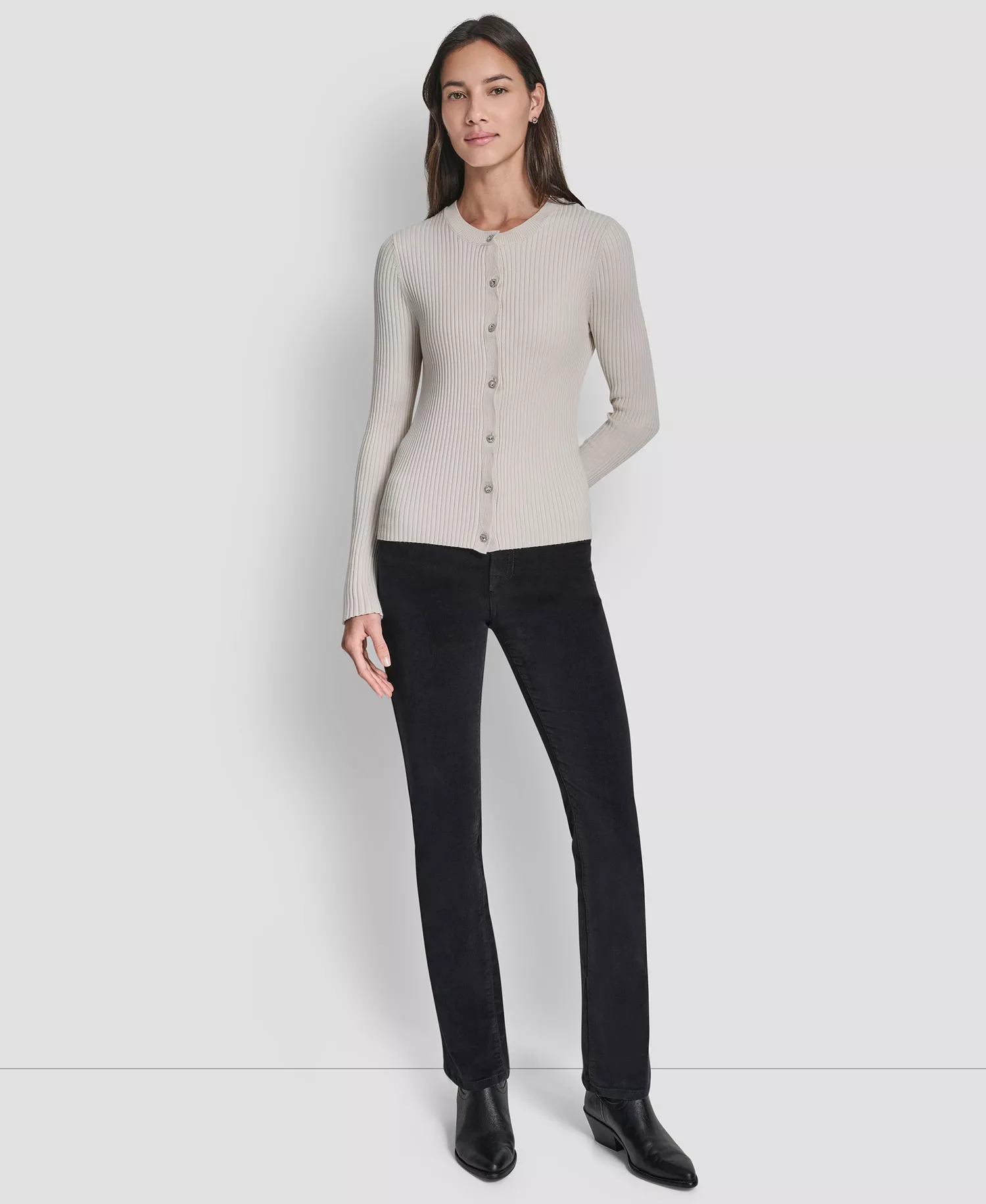 Women's Long-Sleeve Flare Ribbed Rhinestone Button Cardigan Sweater - Eggnog - L