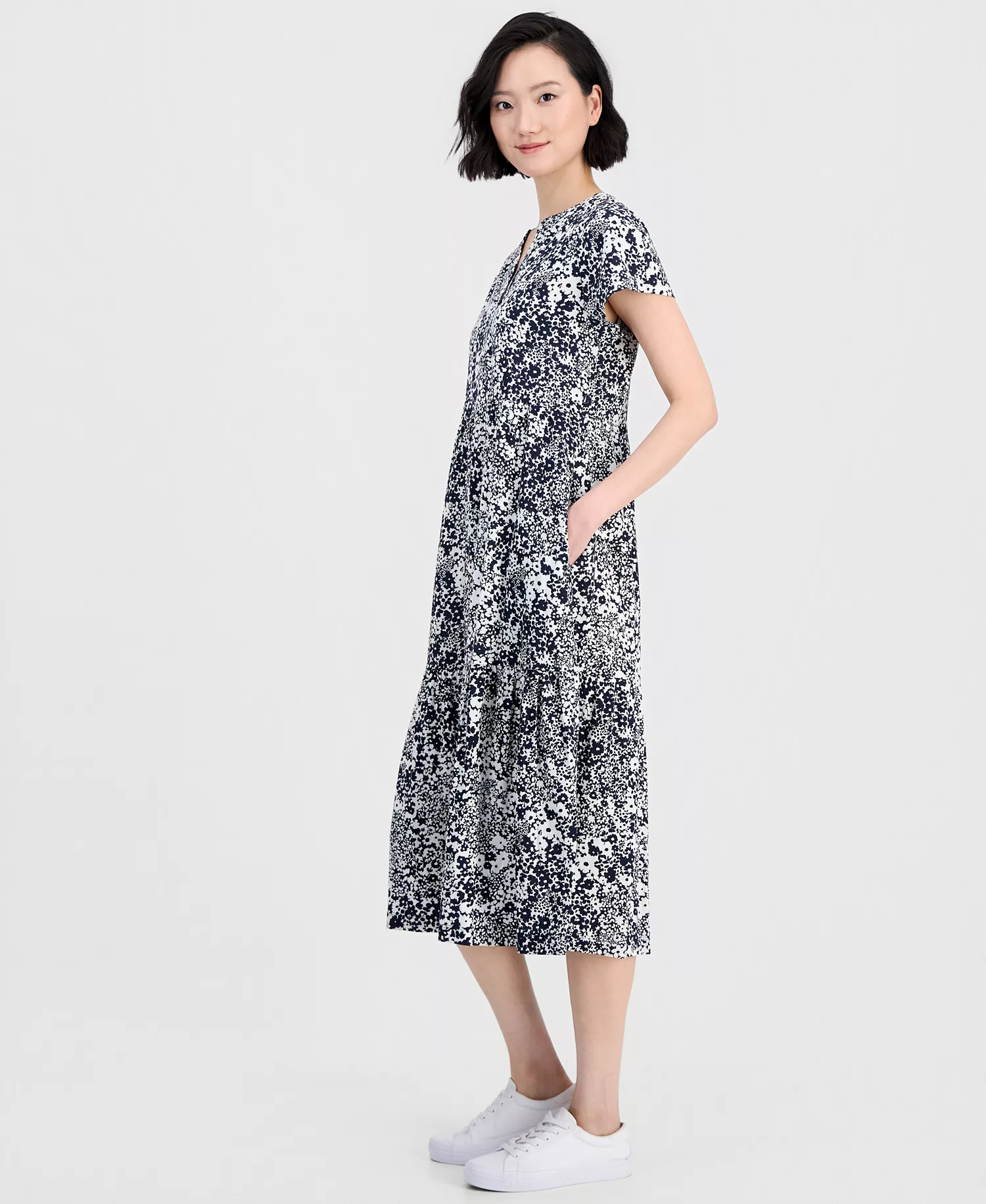 Jeans Women's Shadow Floral Tiered Midi Dress - Night Sky/ Ivory - L