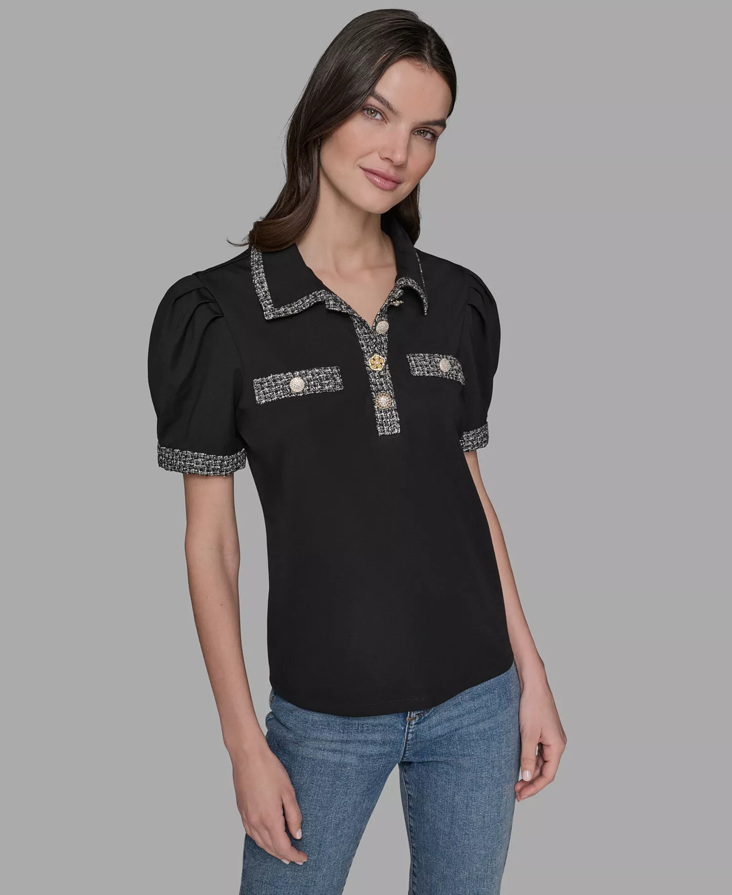 Women's Short Sleeve Tweed Trim Knit Top - Black - L