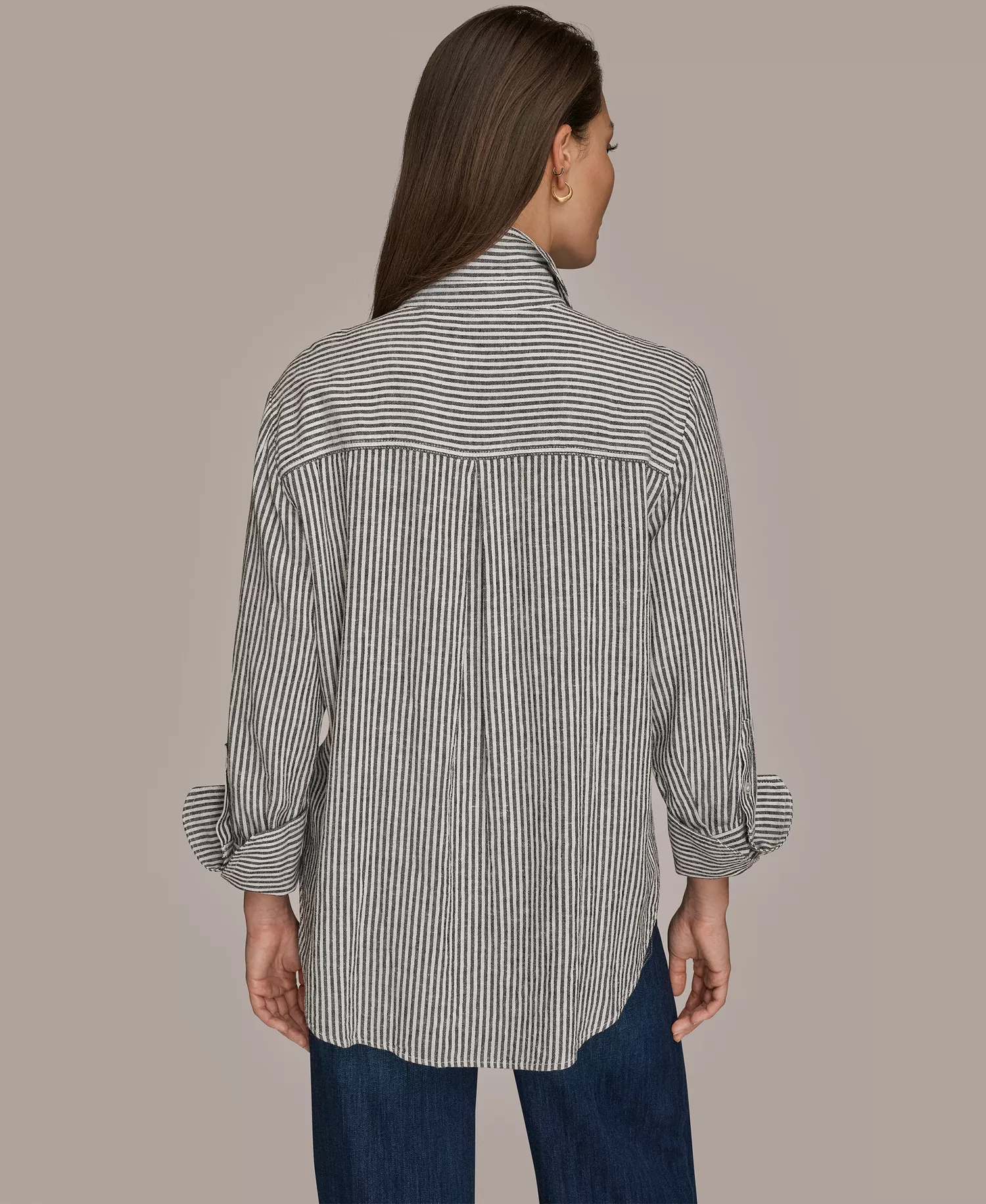 Women's Collared Button Striped Front Shirt - Thin Black Stripe - L