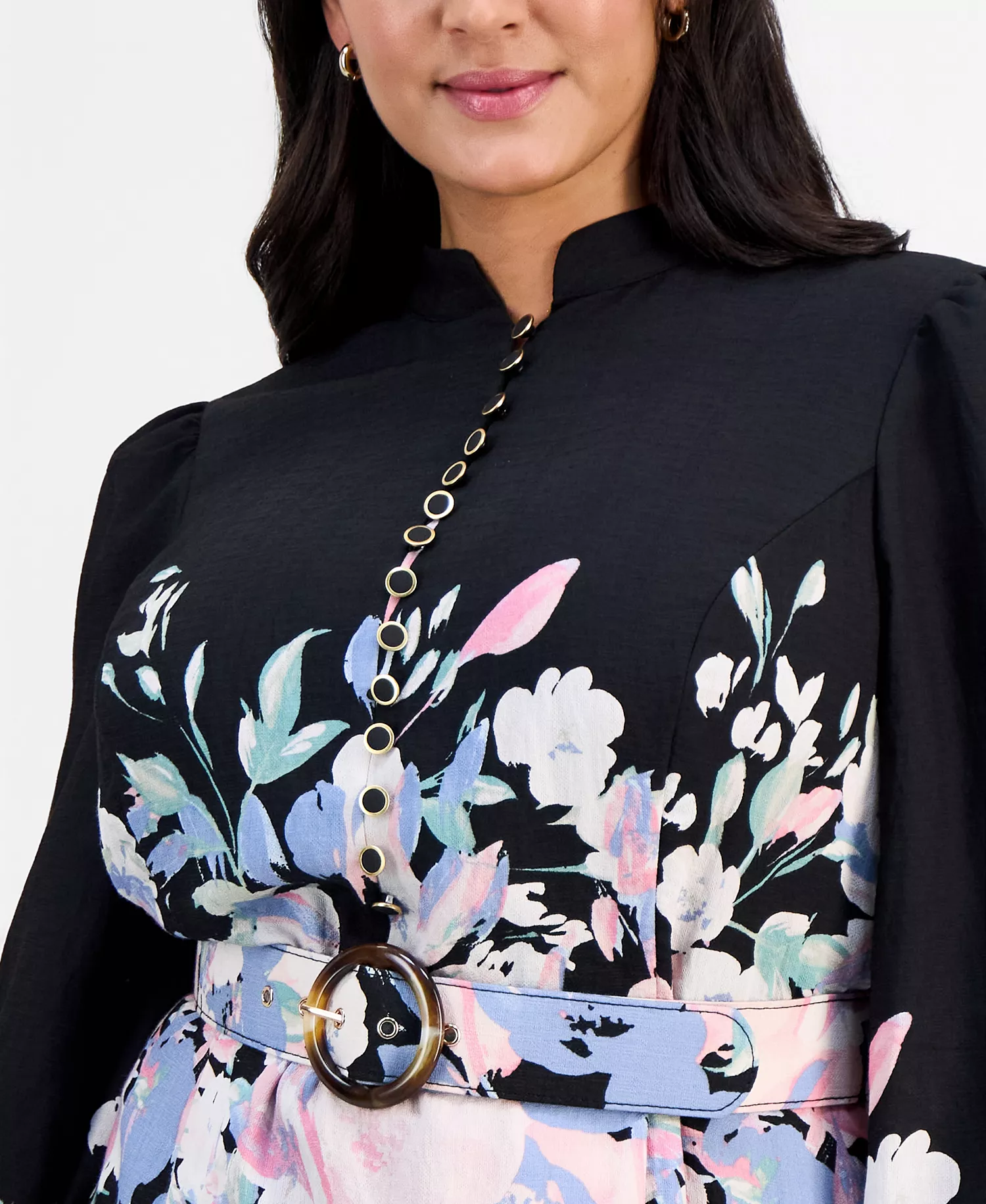Plus Size Belted Floral Print Fit & Flare Dress - Black Multi - 14W