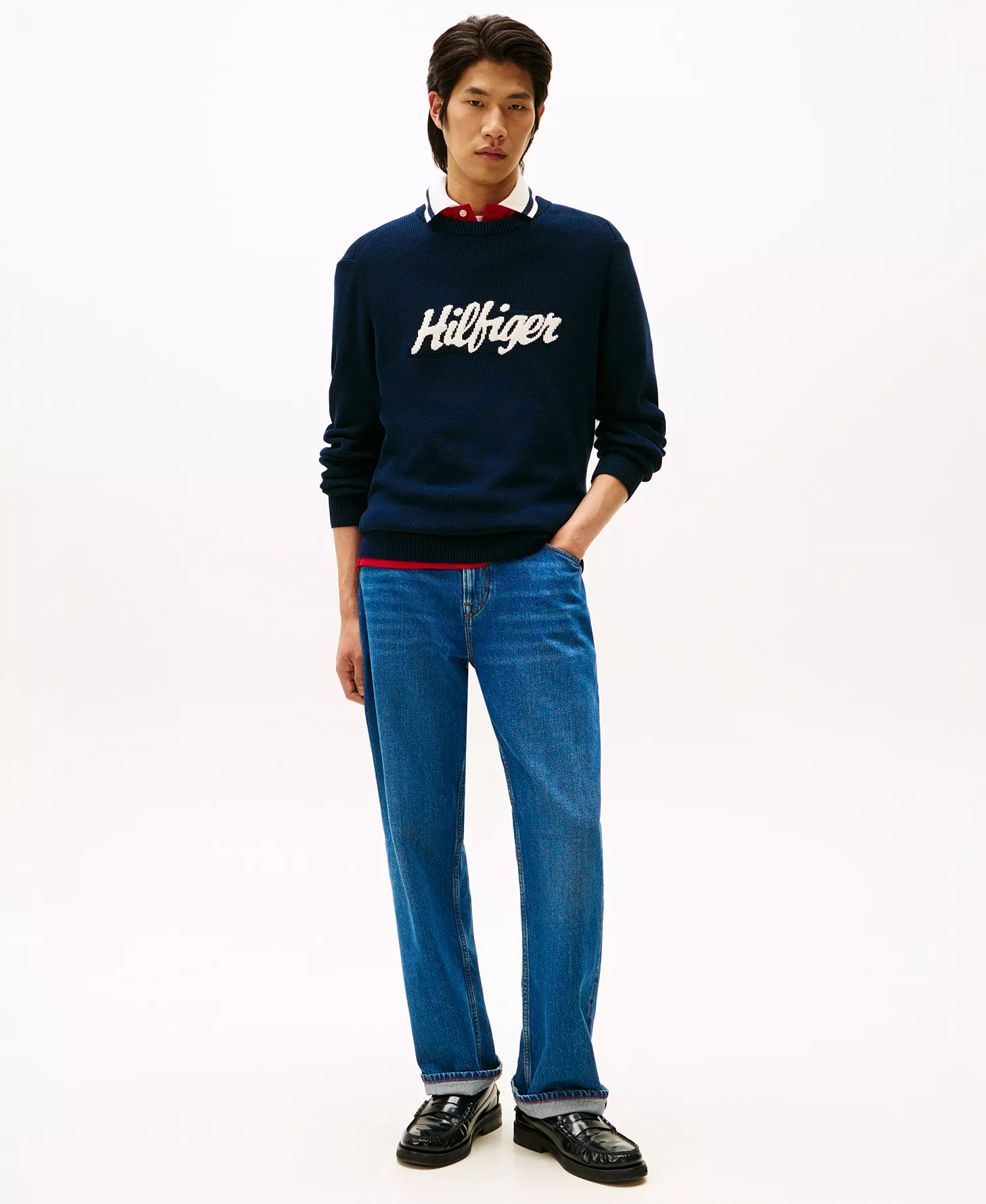 Men's Crewneck Logo Intarsia Graphic Sweater - Dark Night Navy - L