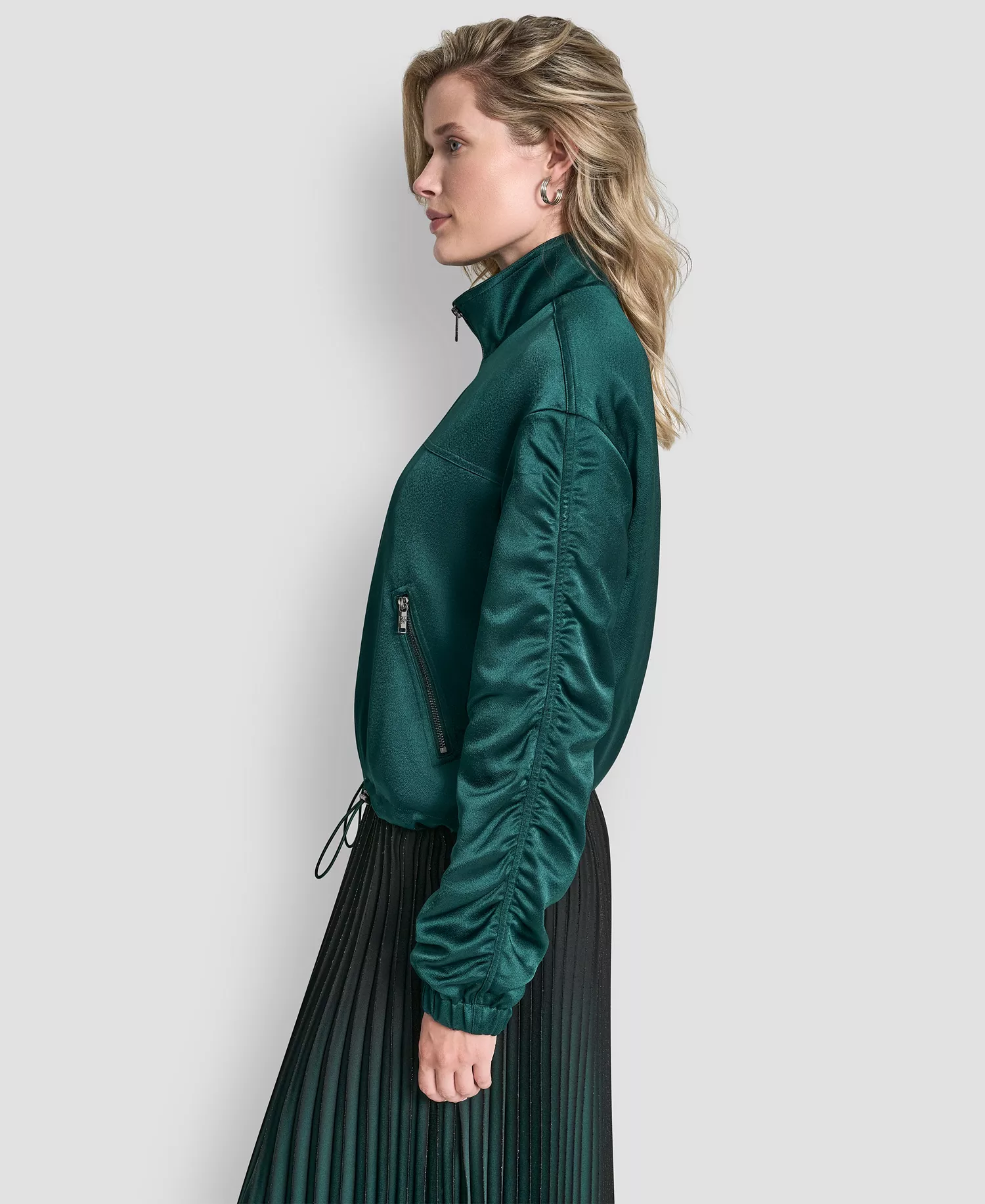 Women's Mock Neck Ruched Cropped Bomber Jacket - Atlantic Green - L