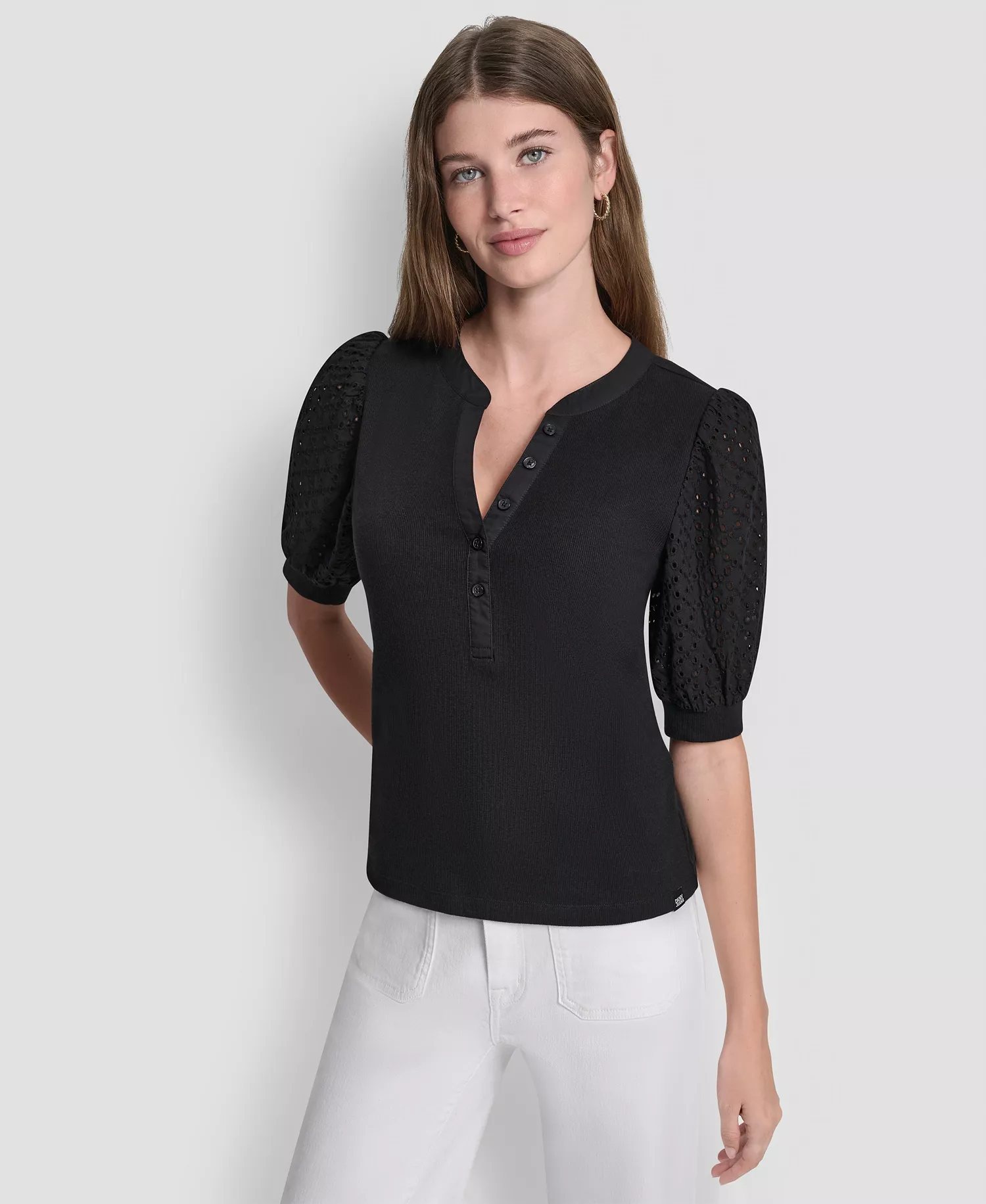 Women's Puff-Sleeve Henley Top - Clover Black - L