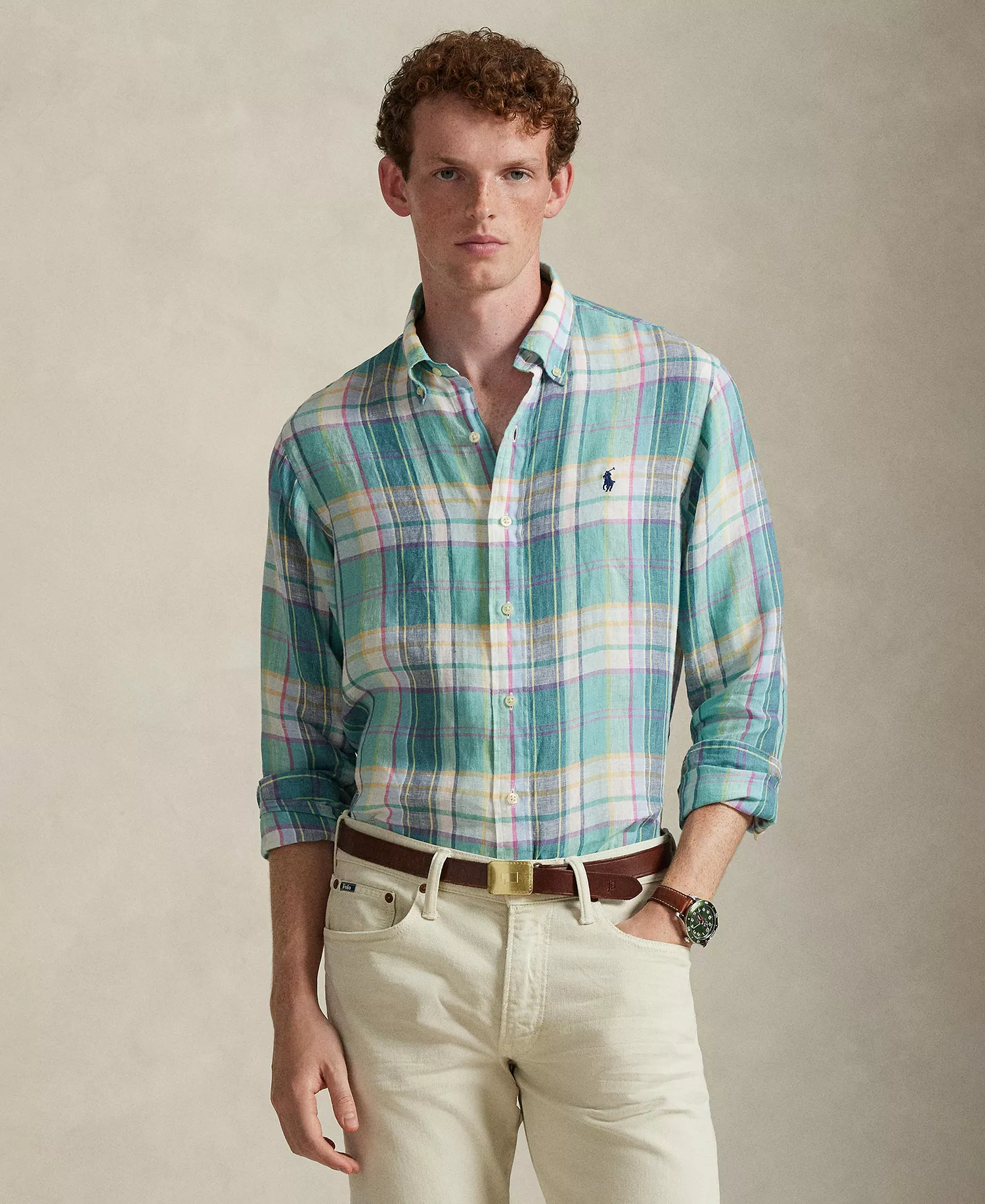 Men's Classic-Fit Collared Shirt - Green Blue White - 2XL