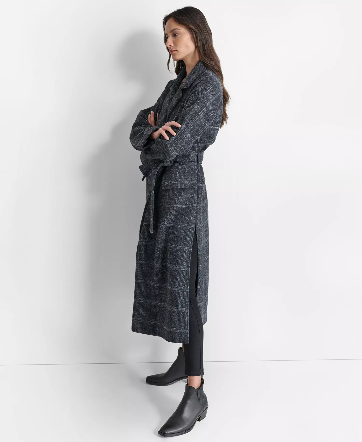 Women's Belted Long-Sleeve Robe Coat - Black green plaid - L