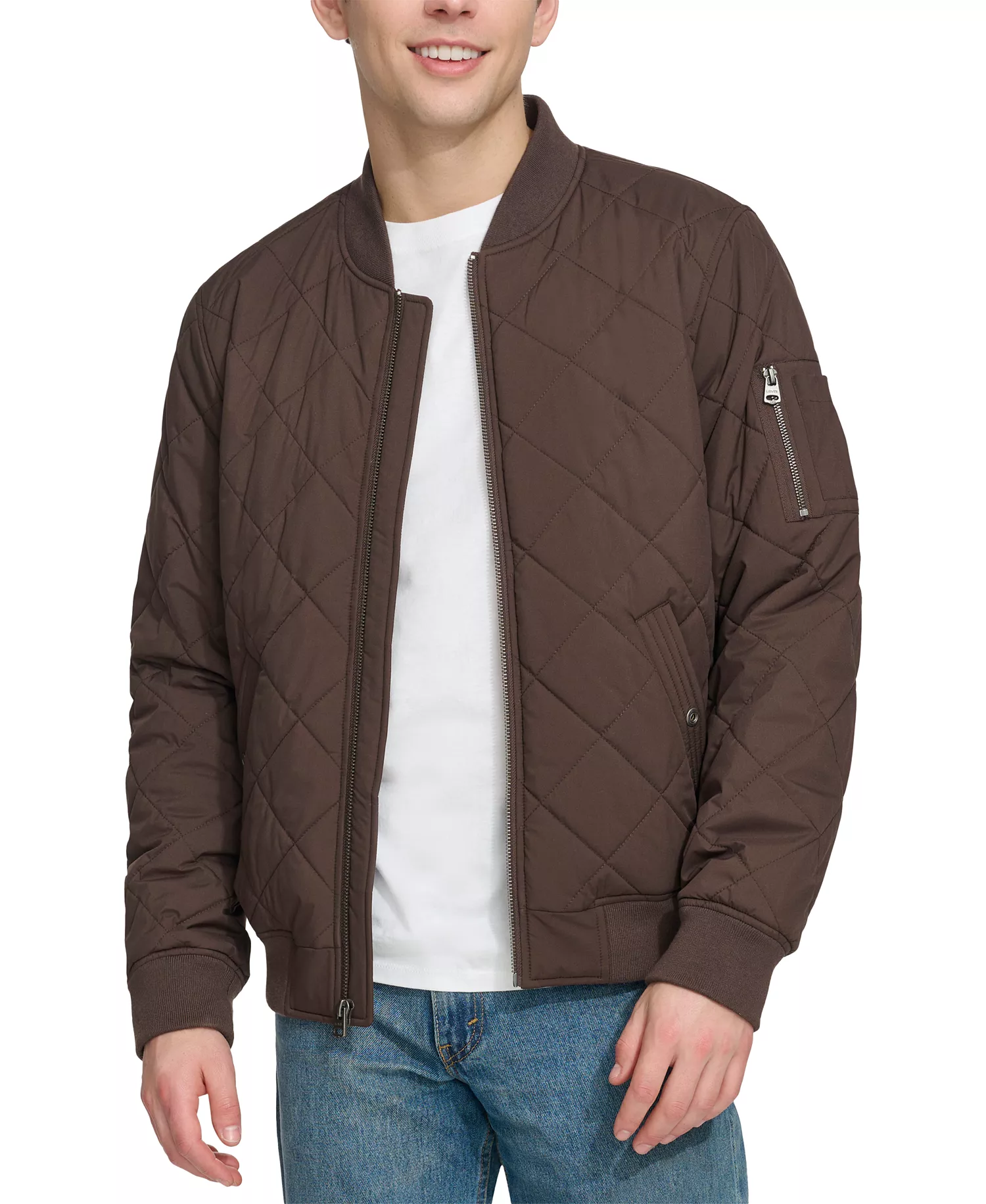 Men's Quilted Fashion Bomber Jacket - Chocolate Brown - 2XL