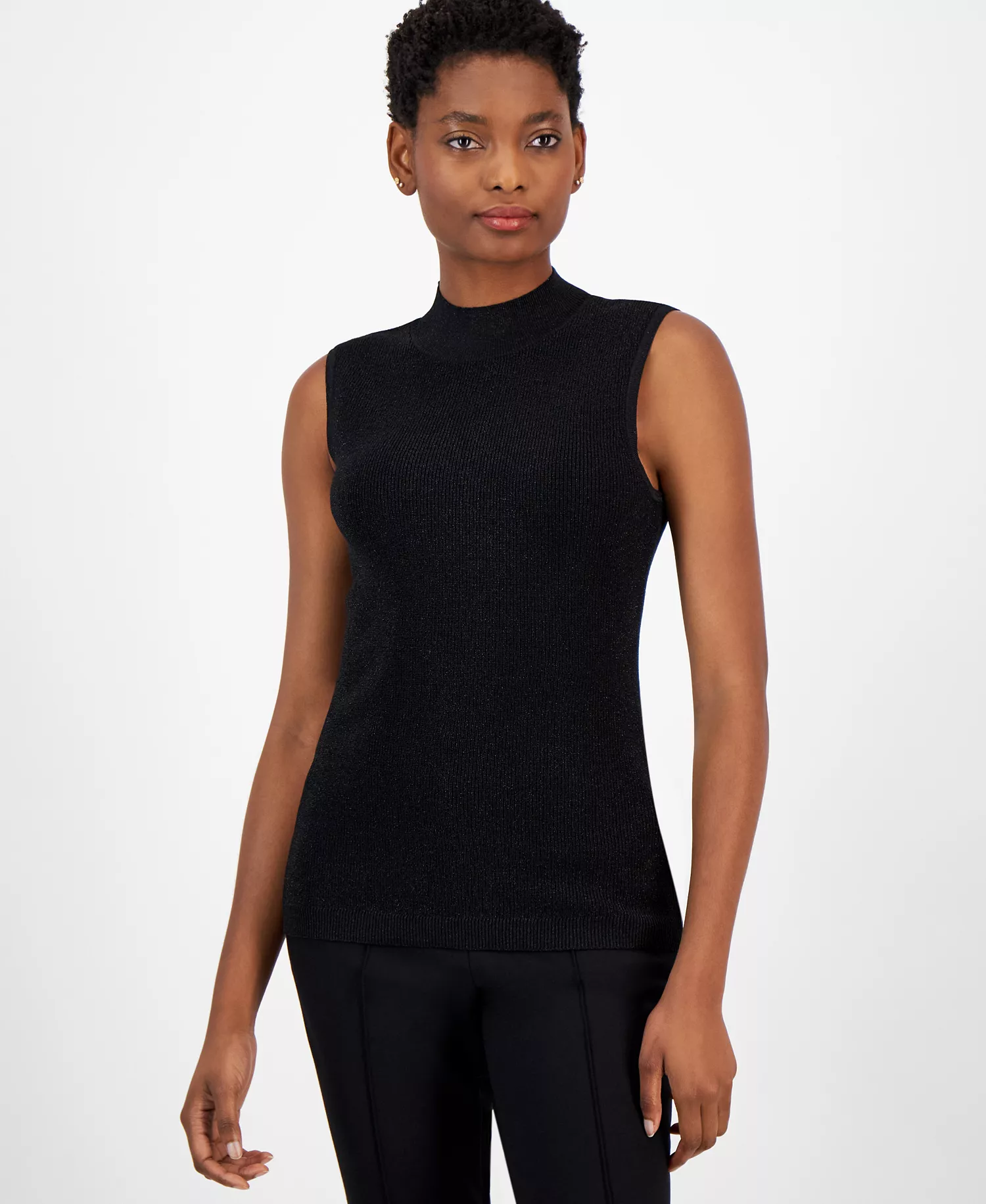 Women's Shimmer Mock-Neck Sleeveless Top - Black - S