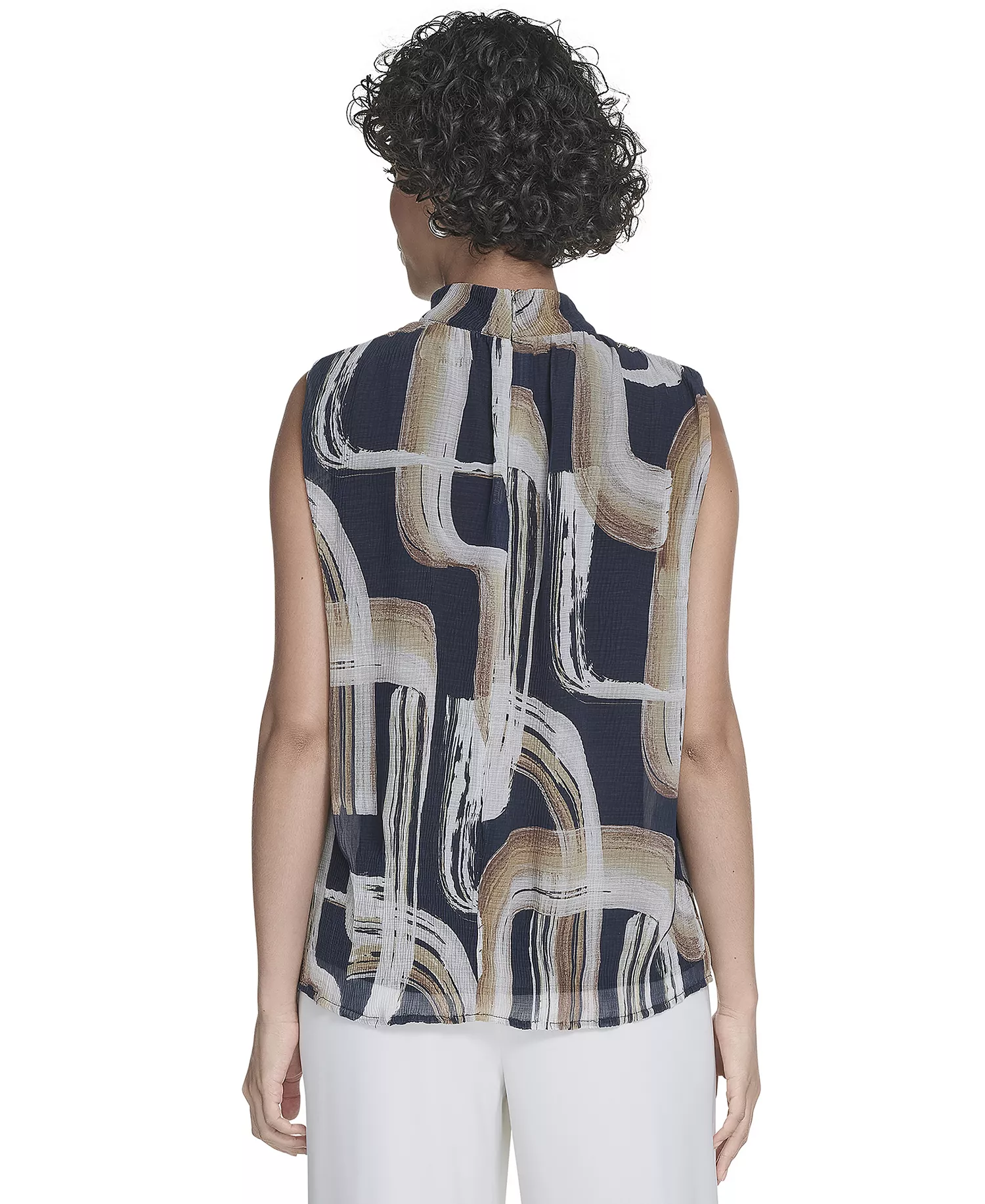 Women's Printed Mock-Neck Sleeveless Blouse - Navy Multi - L