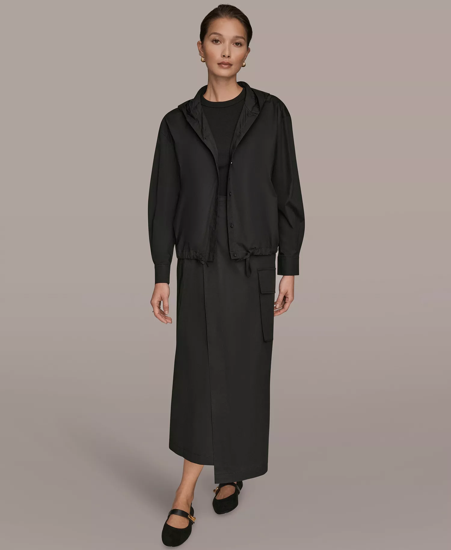 Women's Stretch Poplin Front Button Hooded Jacket - Black - L