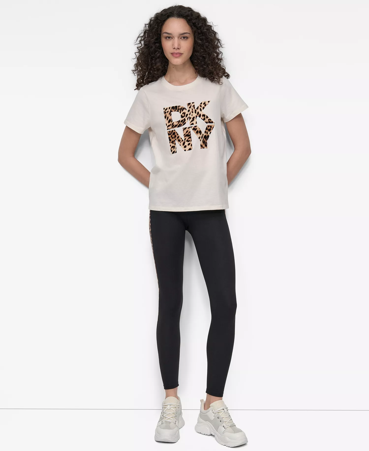 Women's Stacked Animal Print Crew Neck T-shirt - Eggng/Black Whiskey - XXS