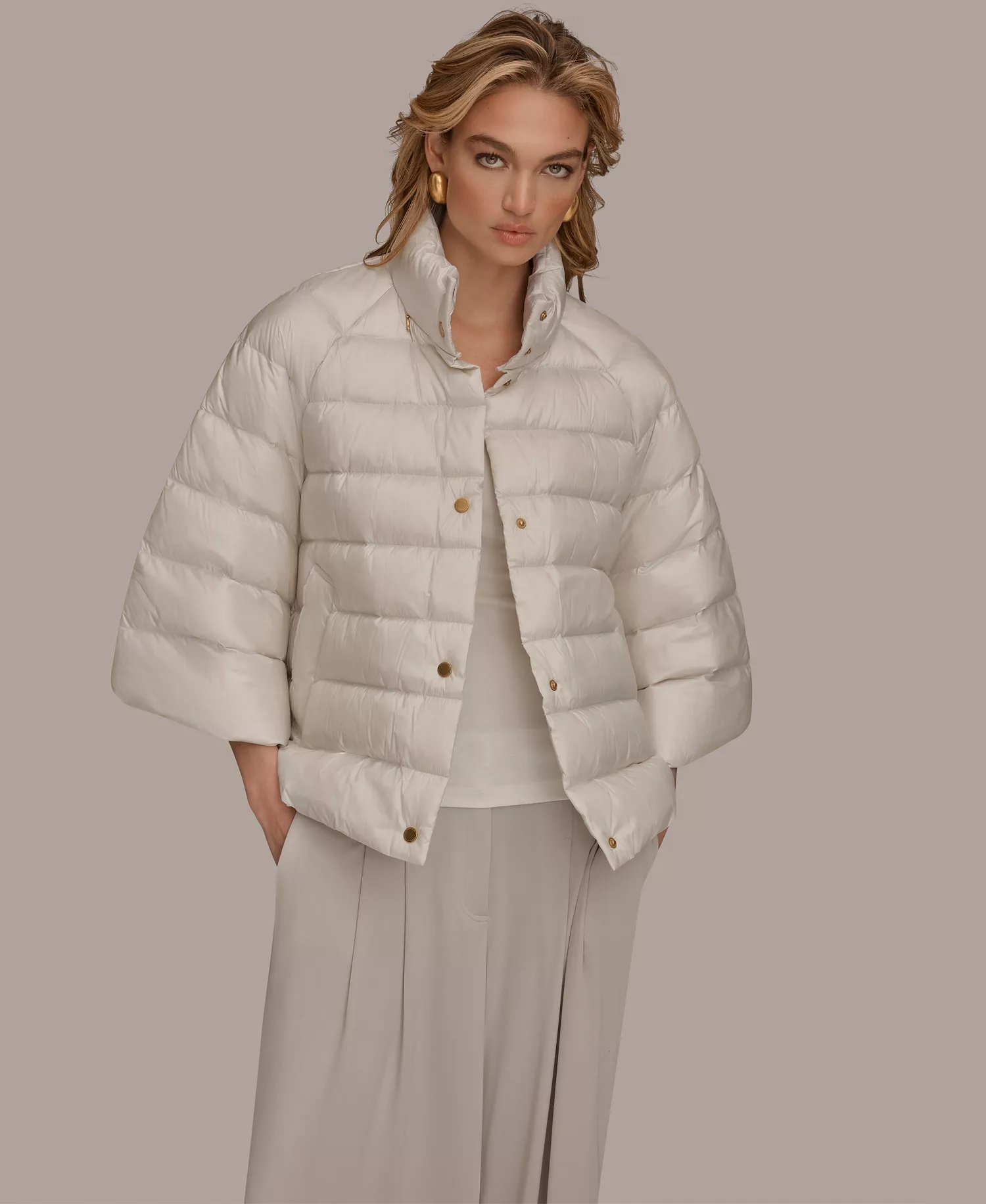 Women's Stand-Collar Down Puffer Cape - Shine White Sand - L/XL