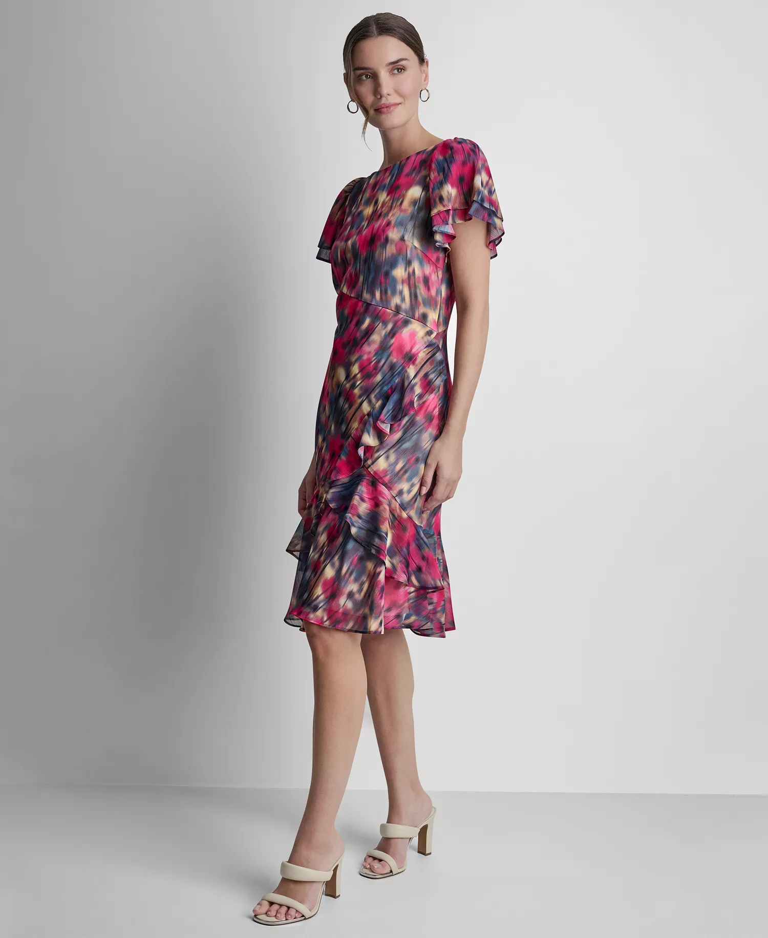 Petite Flutter-Sleeve Jewel Neck Dress - Lightt City Khaki Multi - 0P