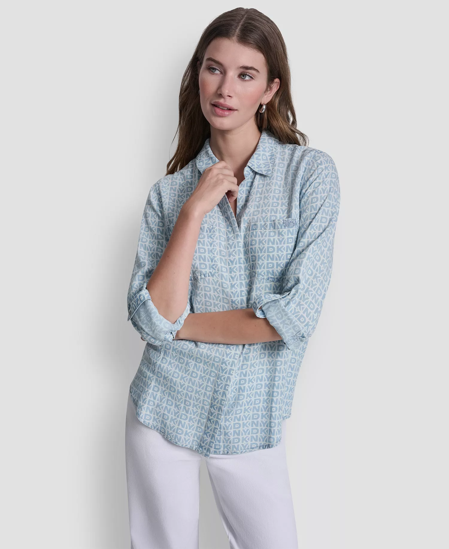 Women's Garment-Dye & Print Split-Back Button-Front Shirt - Dk Outln Chbry - L