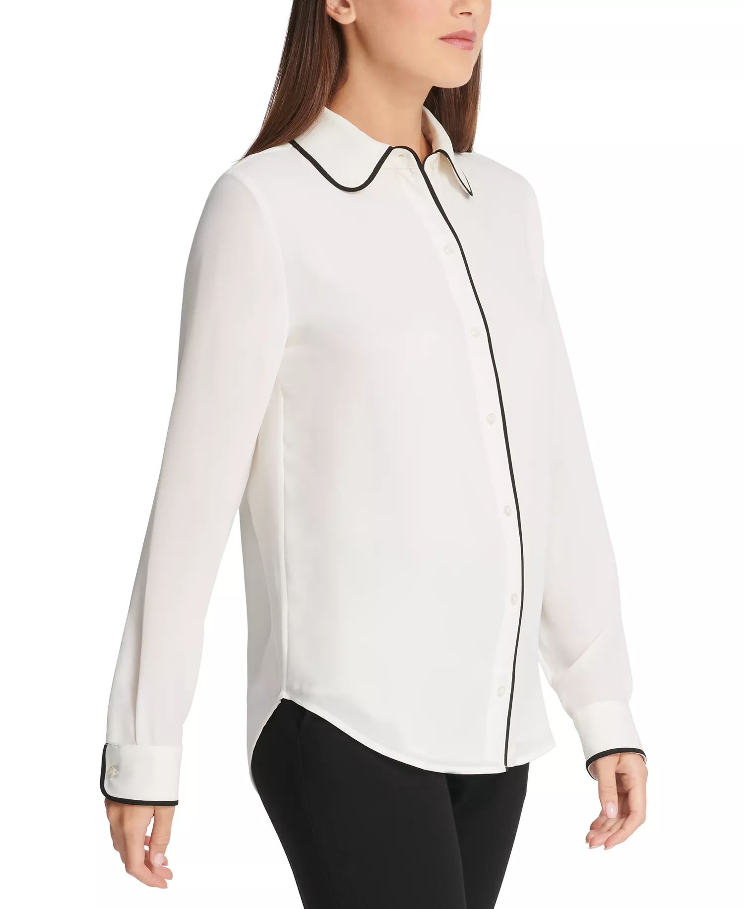 Petite Piped-Trim Button-Up Blouse, Created for Macy's - Linen White/Black - PL