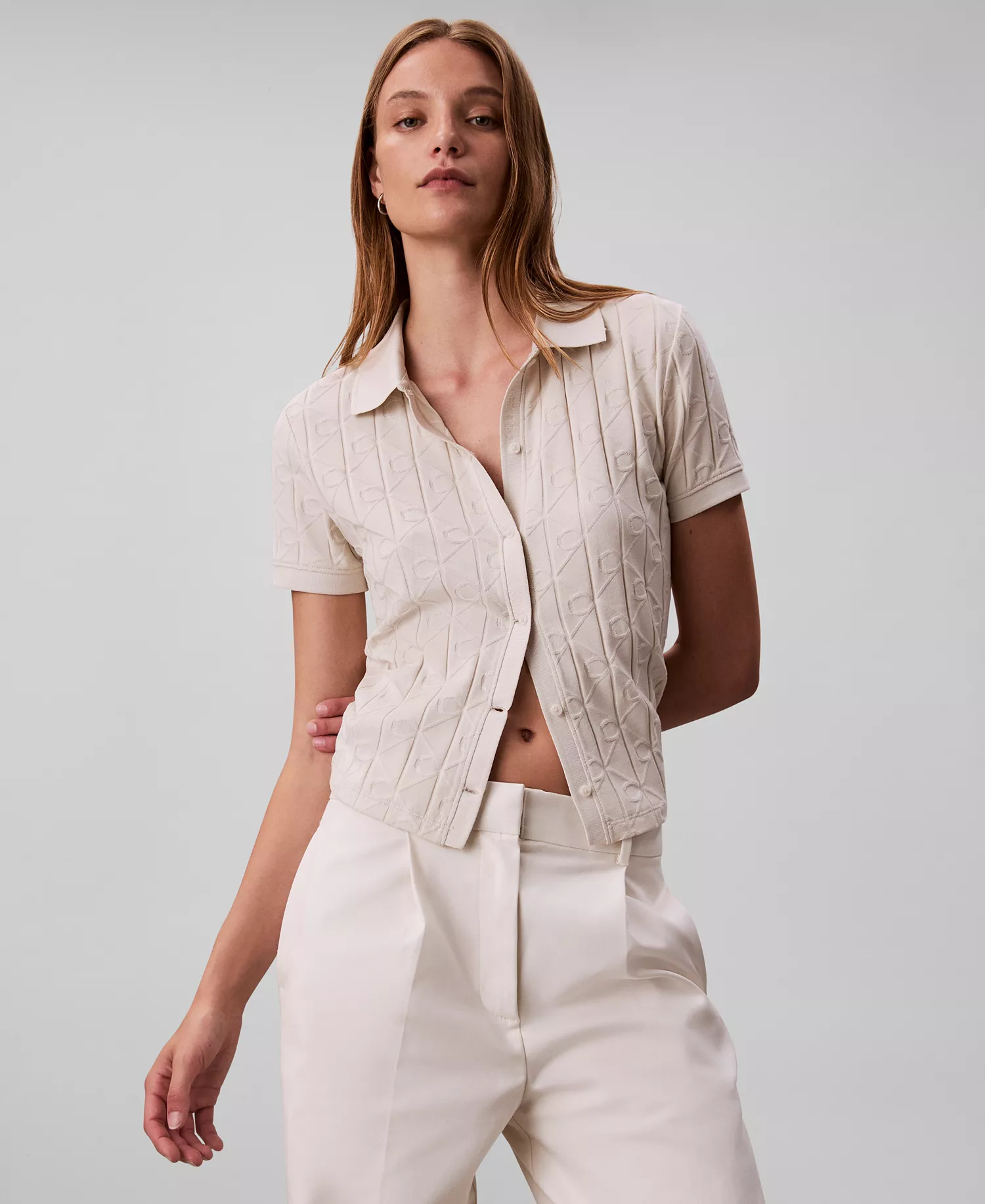 Women's Monogram Logo Jacquard Polo Top - Chalk - L