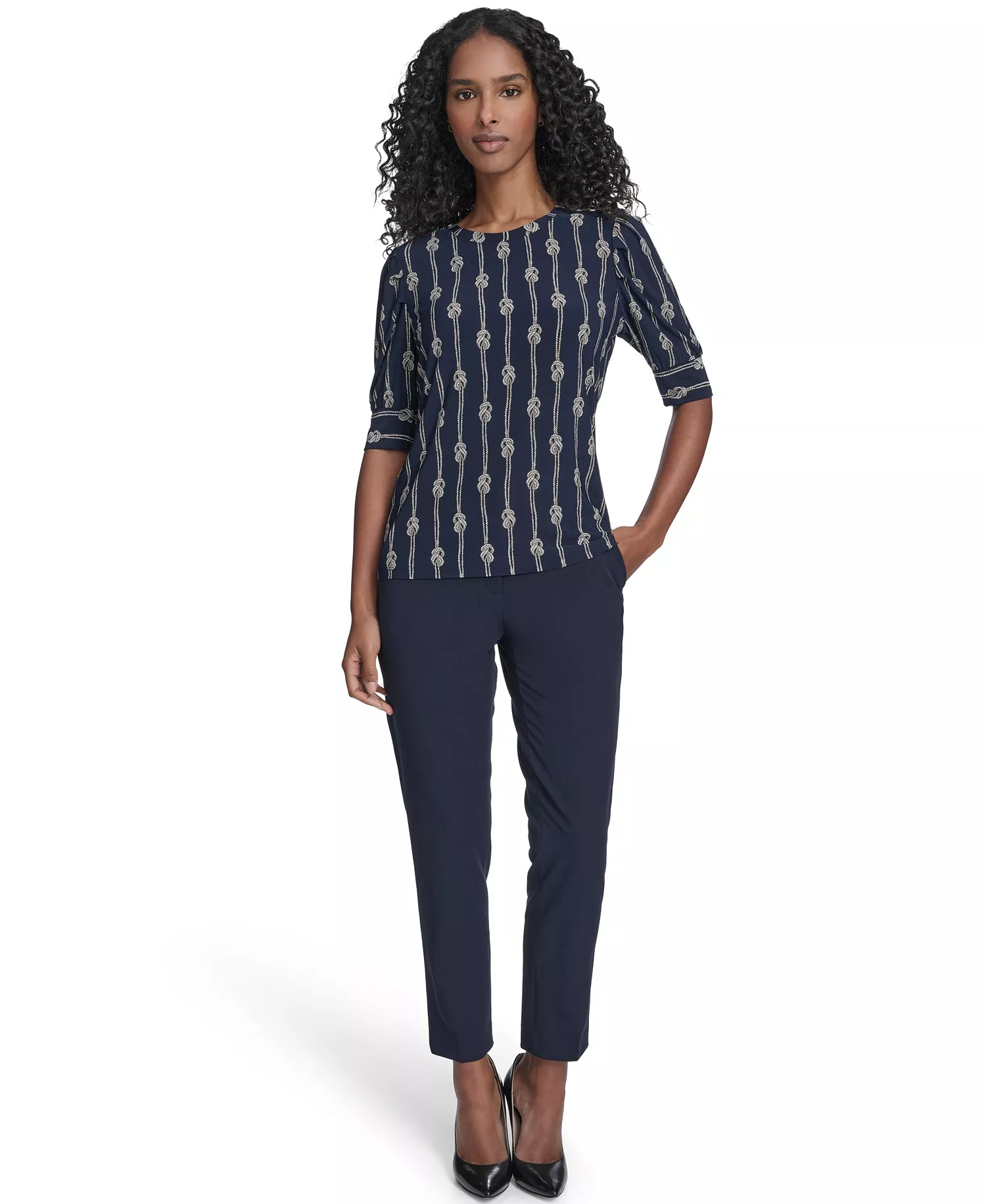 Women's Rope Knot Short Sleeve Crewneck Top - Midnight Multi - L