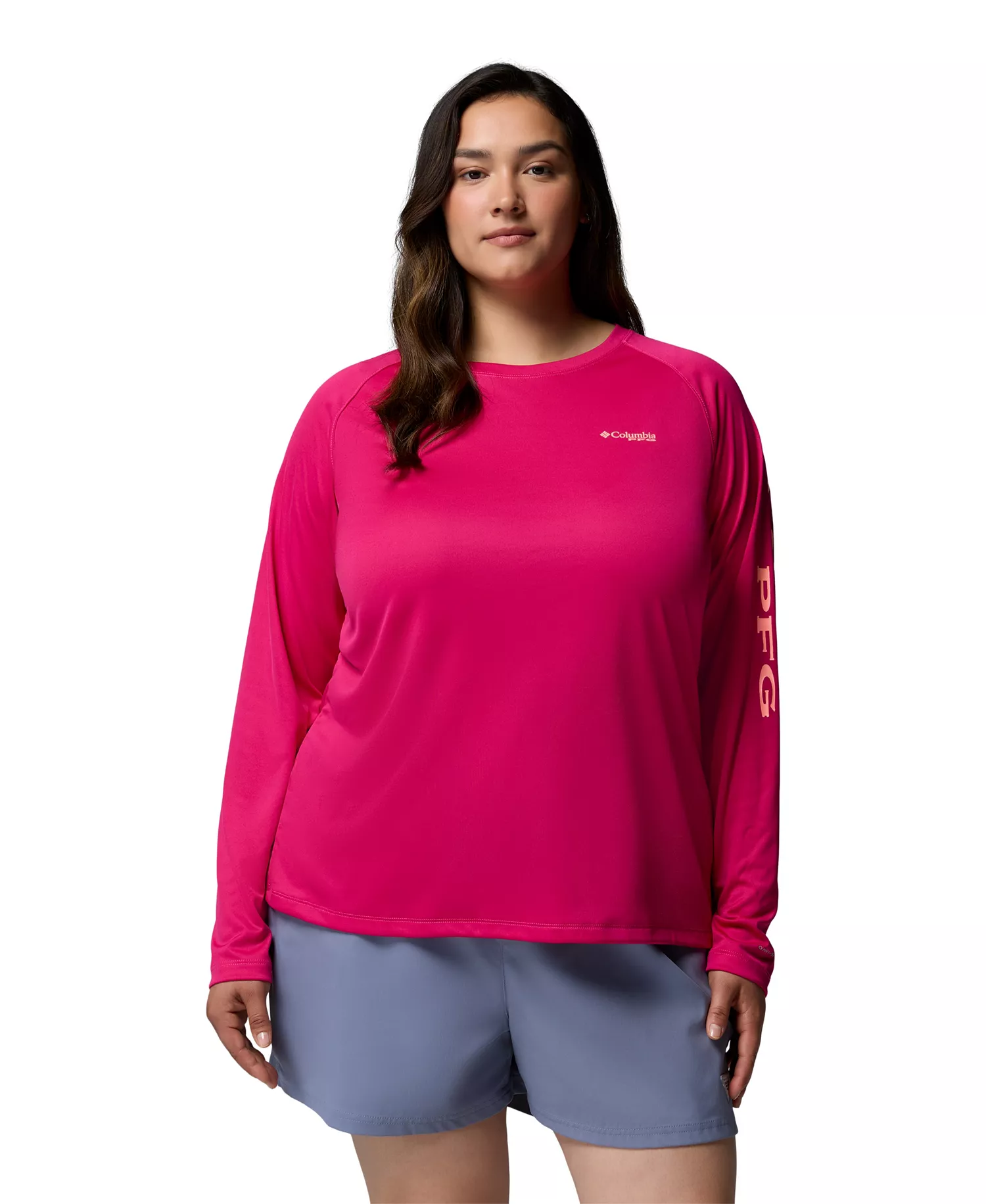 Plus Size PFG Tidal Tee II Omni-Shade T-Shirt  - Guava Pink, Tiki Pink Logo - 1X