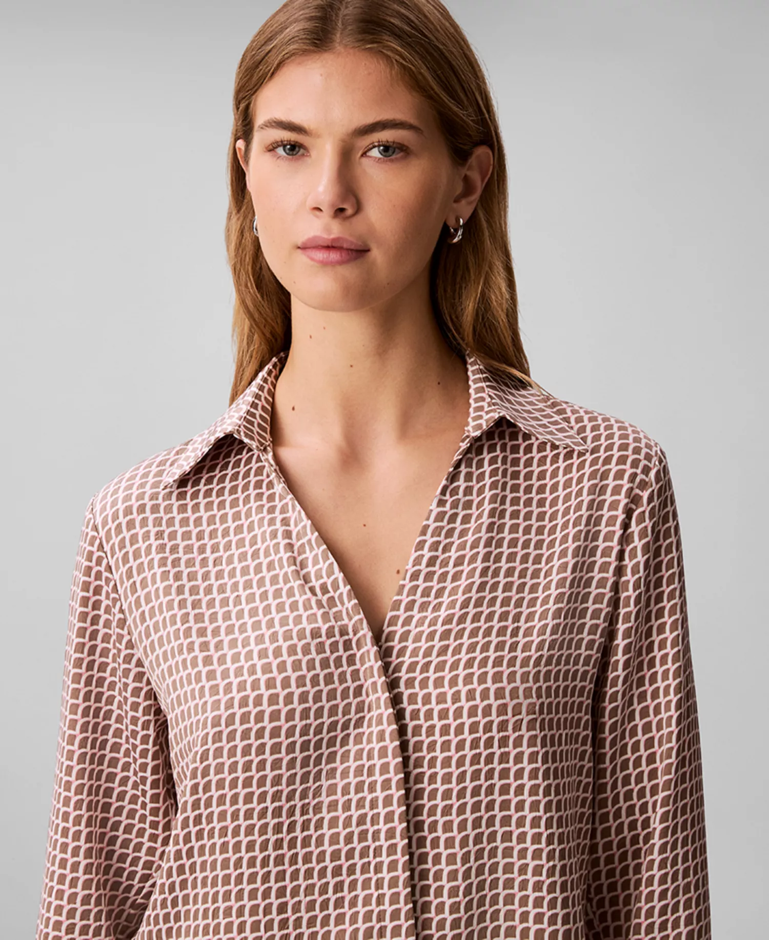 Women's Printed Button-Down Shirt and Women's Printed Midi Skirt - Walnut Tiled Scale Print - L