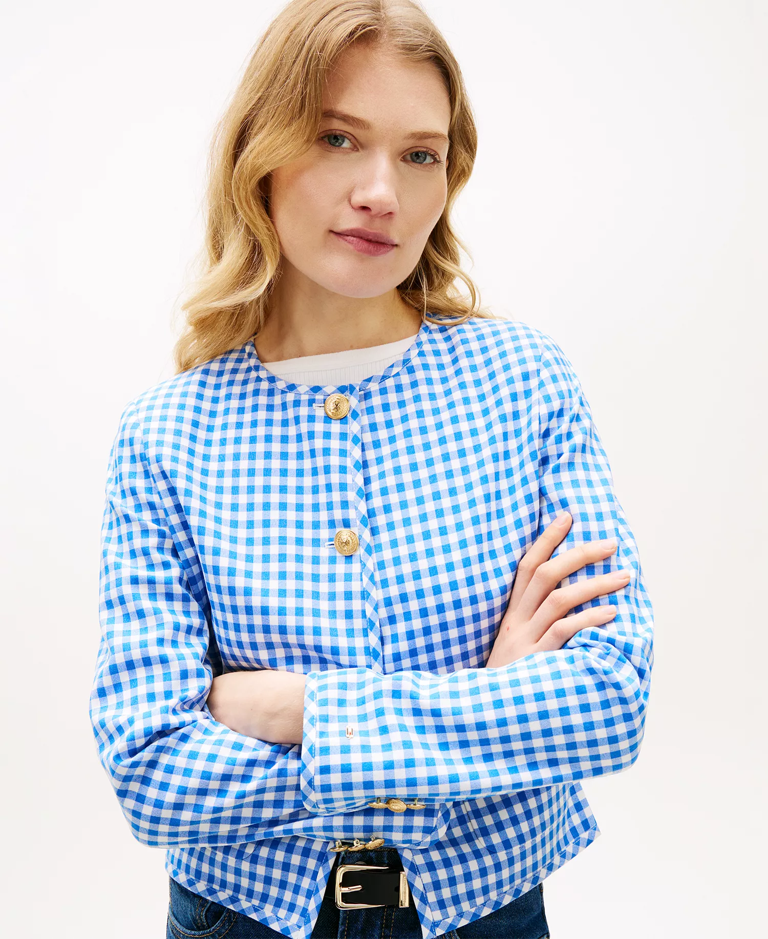 Women's Gingham Crewneck Lady Jacket - Blue - 10