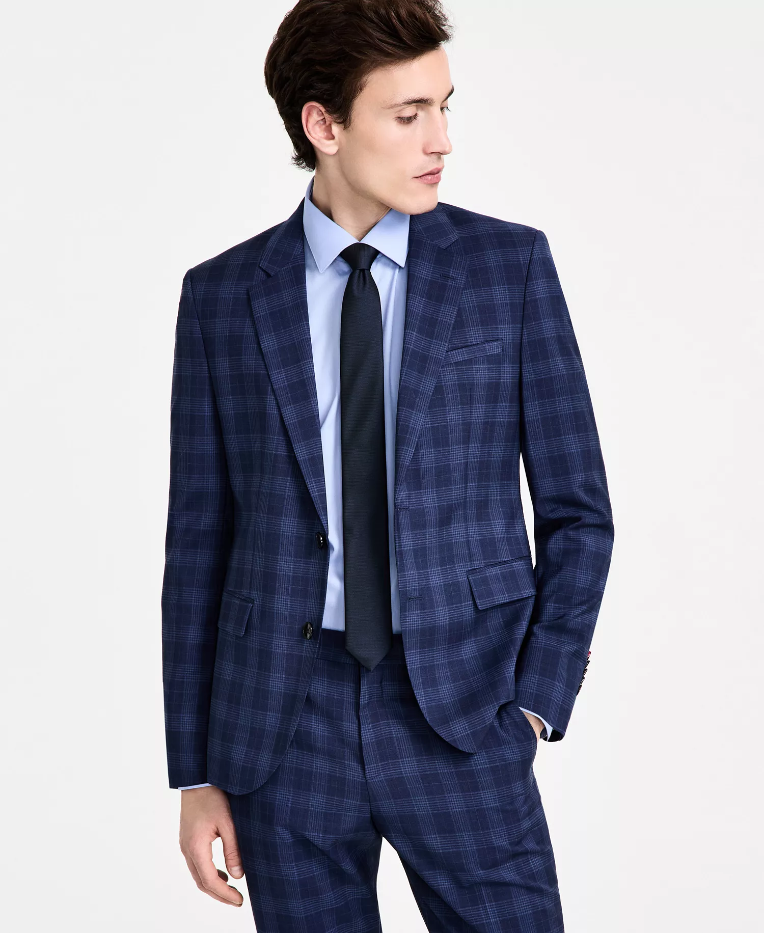 Men's Modern-Fit Wool Plaid Suit Jacket - Navy Plaid - 36R