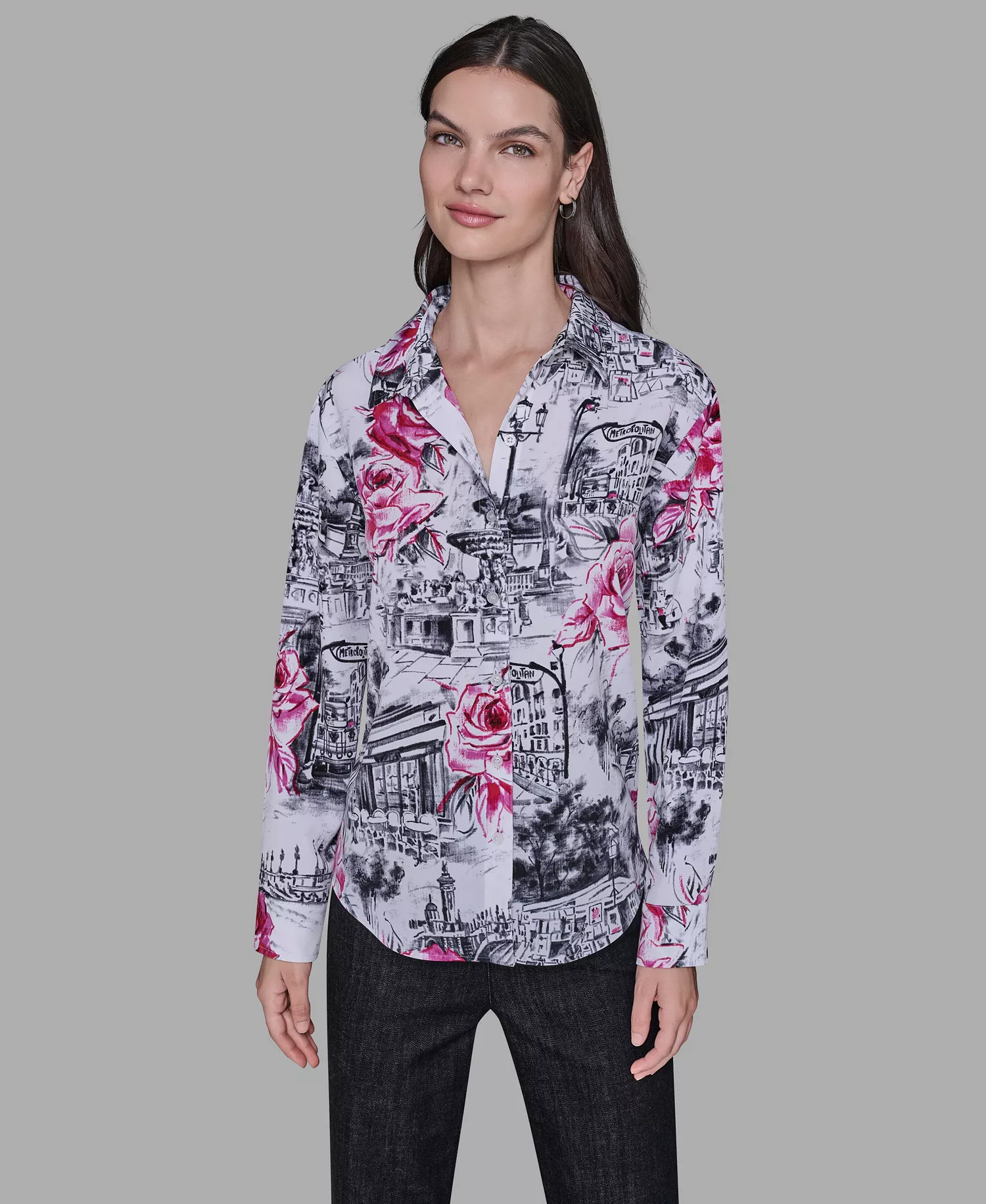 Women's Floral Print Collar Top - White multi - M