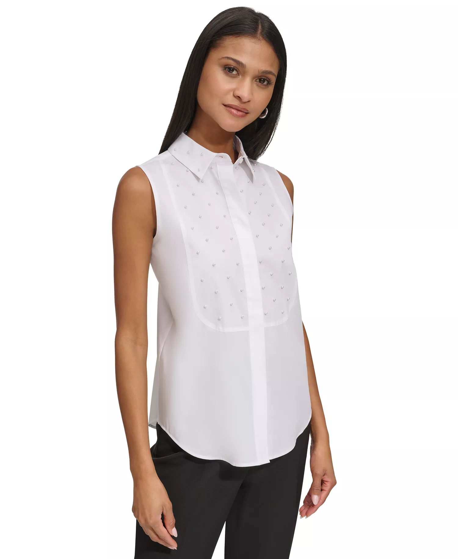 Women's Embellished Bib Shirt - White - L