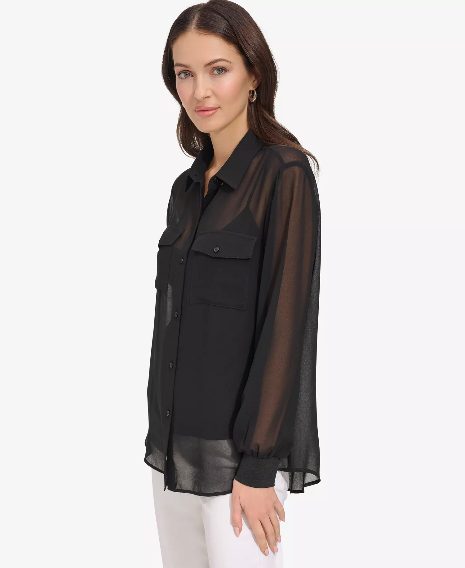 Women's Button-Down Chiffon Shirt - Black - S