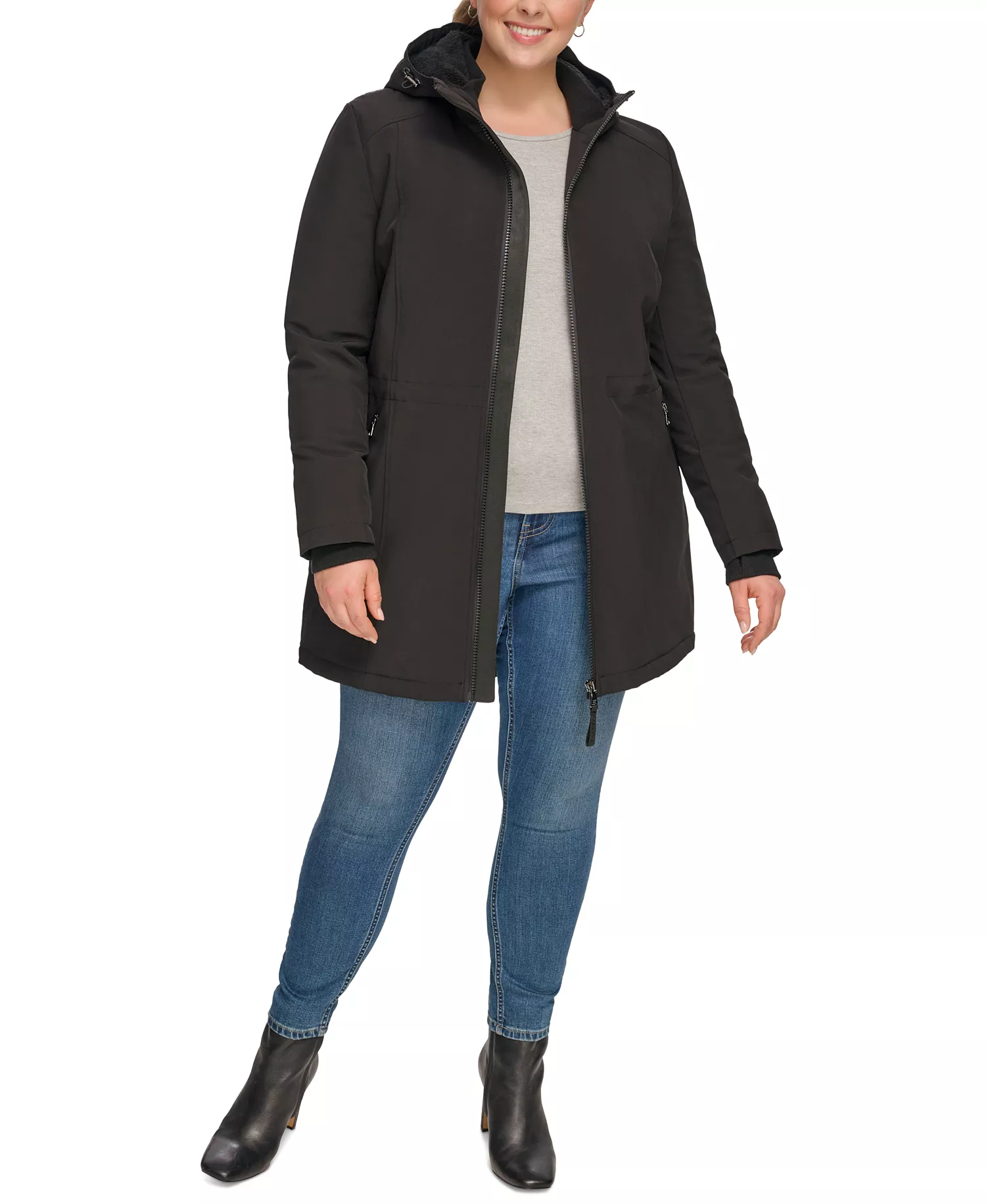 Womens Plus Size Hooded Faux-Fur-Lined Anorak Raincoat, Created for Macys - Black - 1X