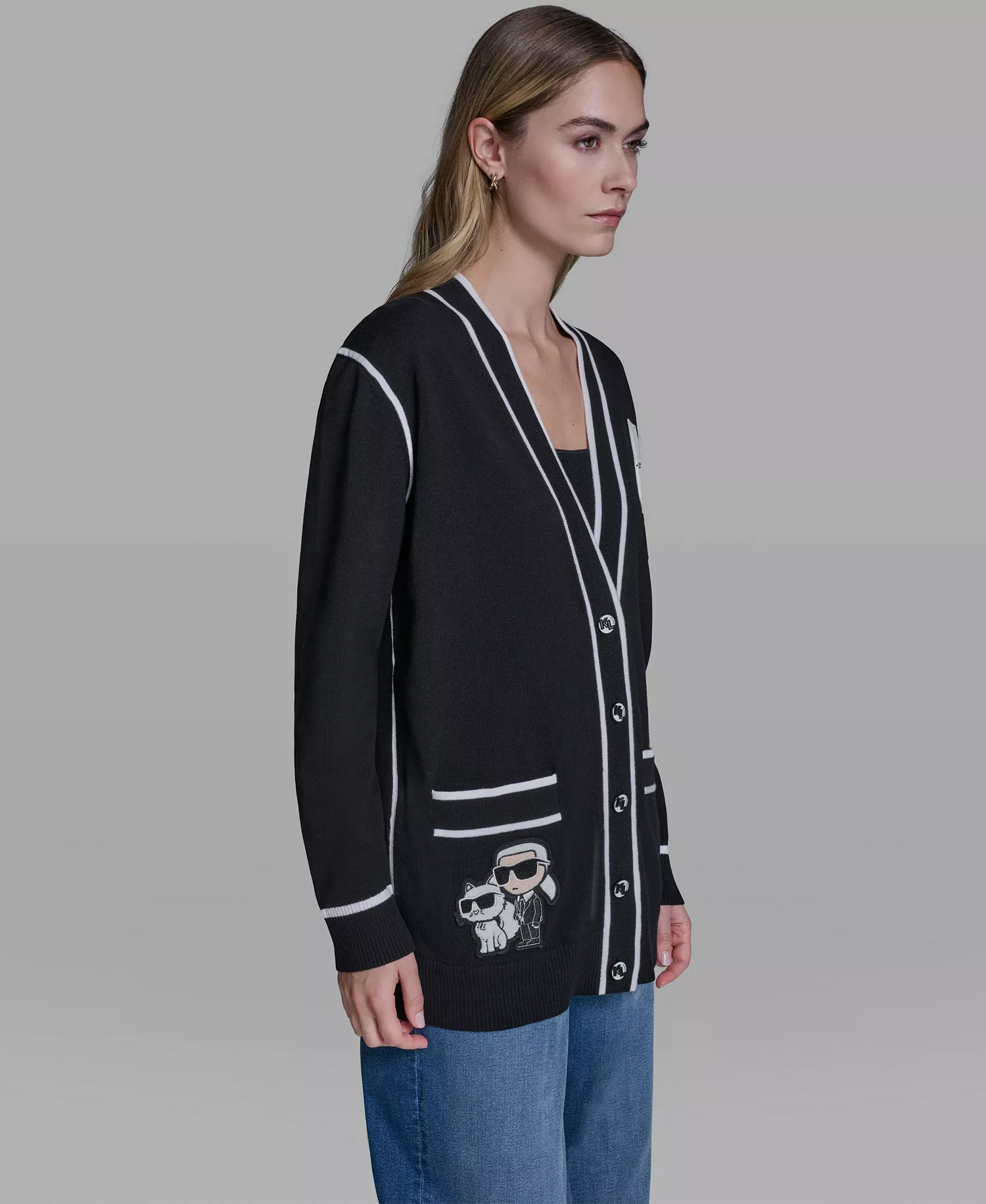 Women's Long-Sleeve Varsity Cardigan - Black - L