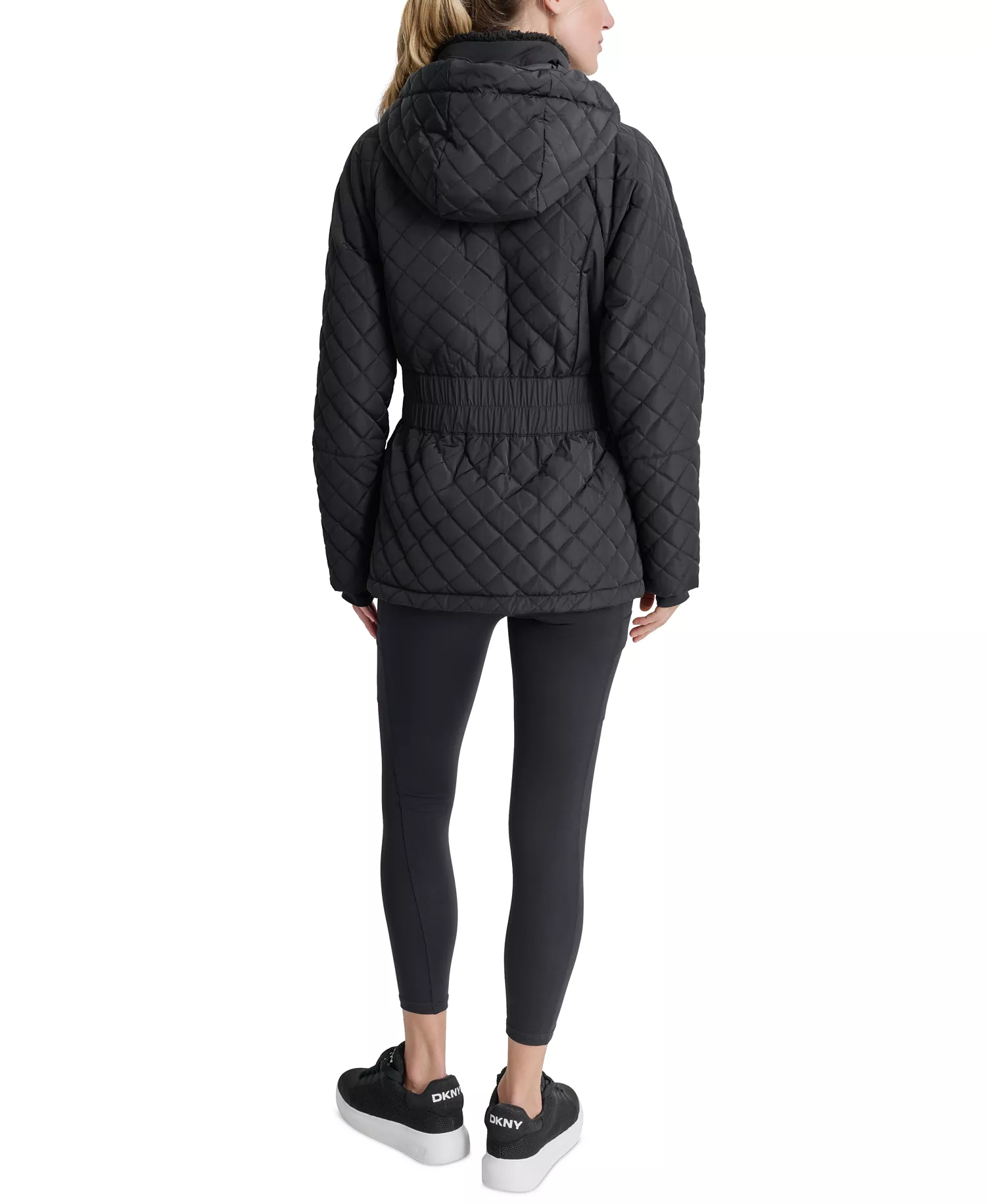Women's Quilted Elastic-Waist Hooded Zipper Jacket - Black - L