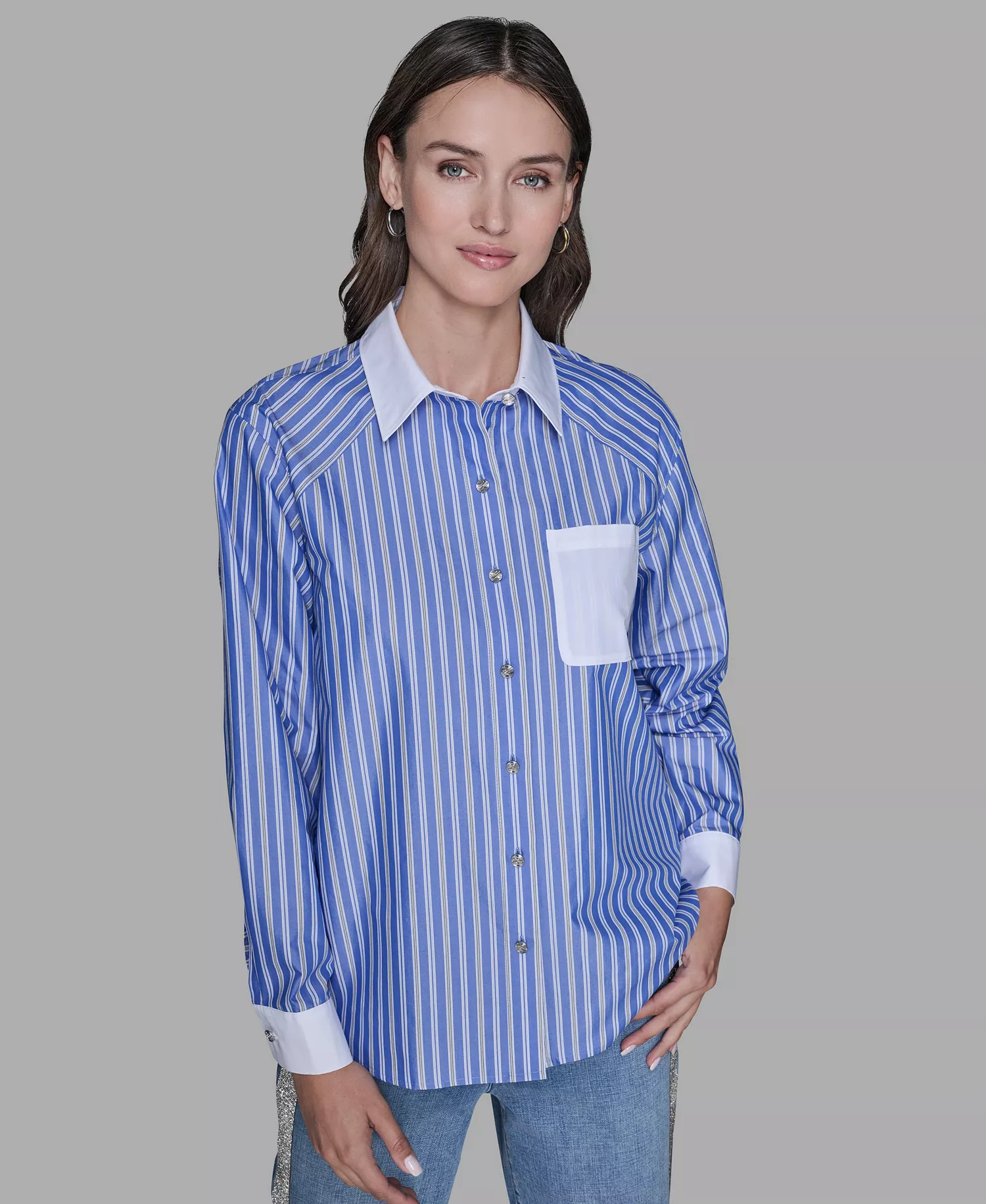 Petite Collared Stripe Long-Sleeve Shirt - French Blue Combo - P/L