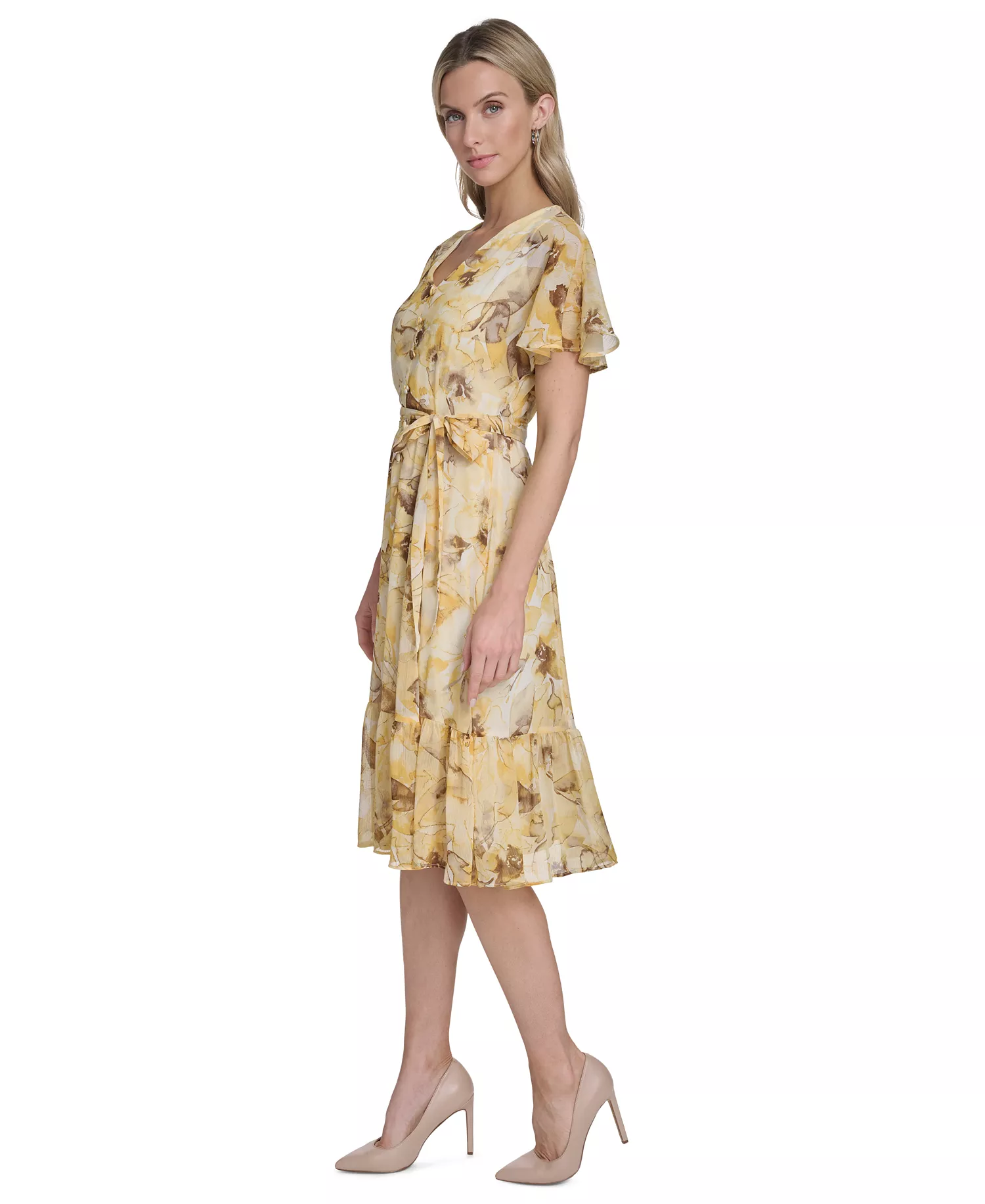 Women's Flutter-Sleeve Floral Print Midi Dress - Dijon Multi - 10