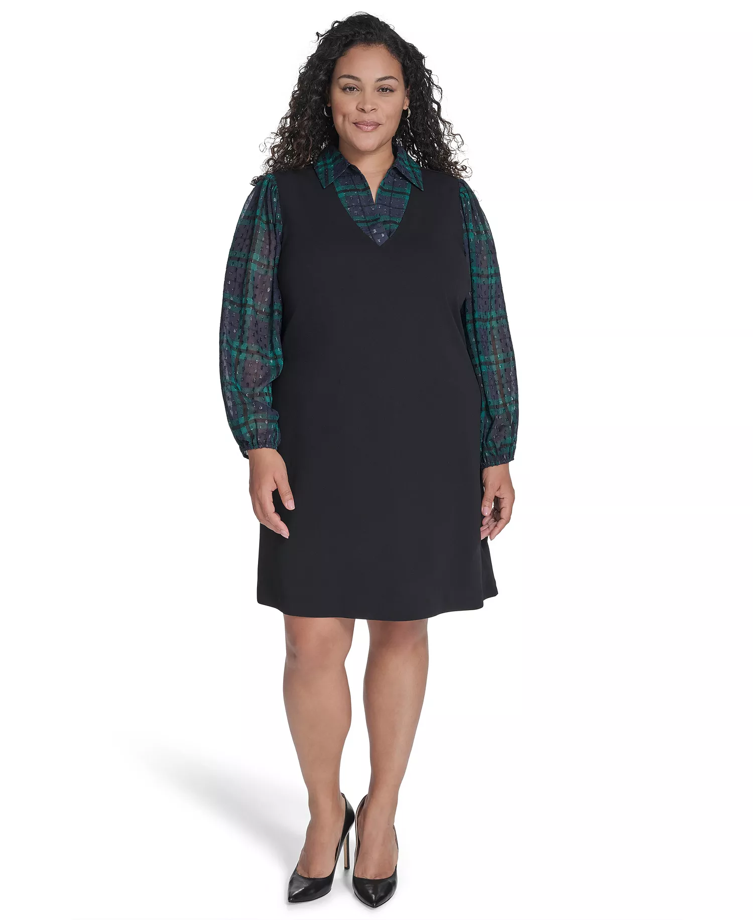 Plus Size Long Sleeve A-line Dress - Black/Midnight/Green - 14W