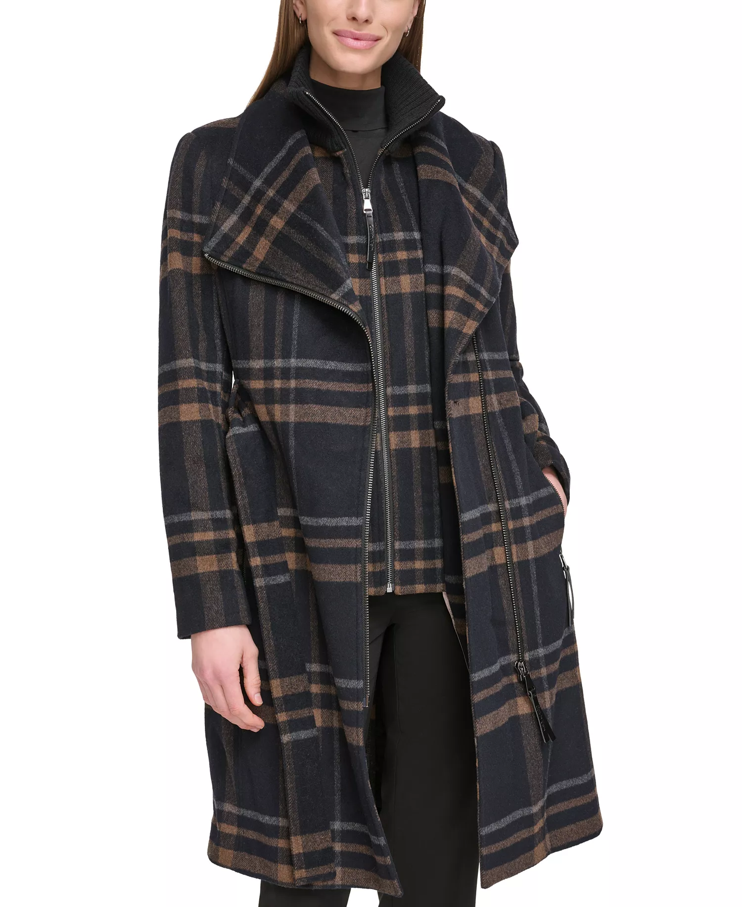 Womens Wool Blend Belted Wrap Coat, Created for Macys - Black Plaid - M