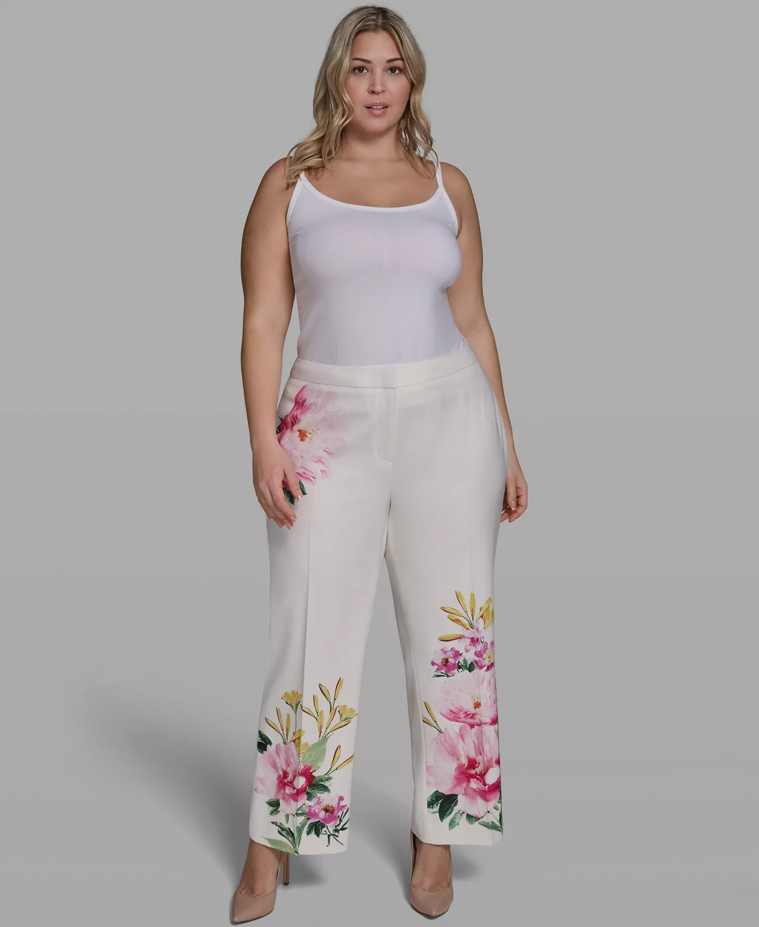 Plus Size Placed Floral Wide-Leg Pants - Soft White - 14W