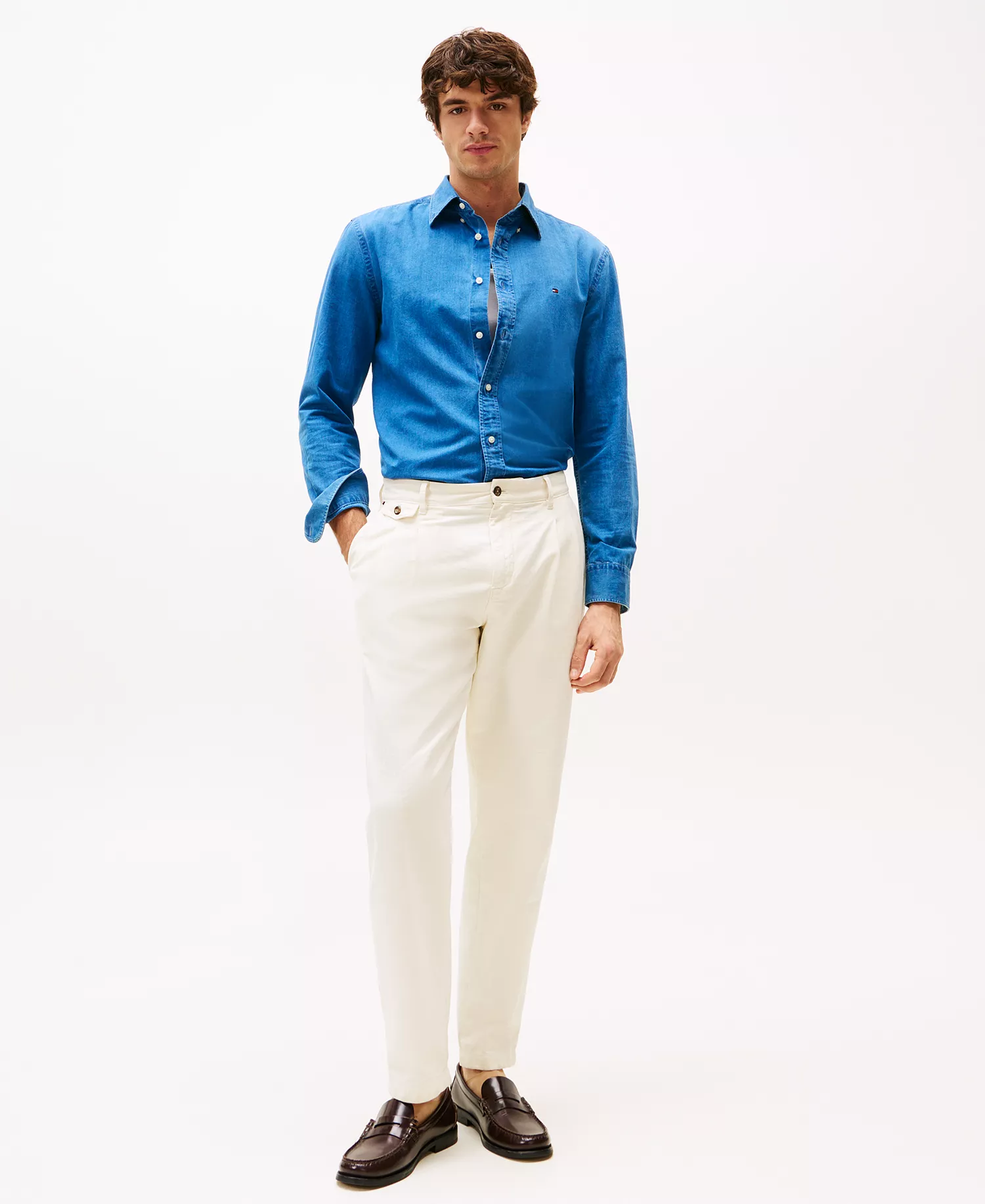 Men's Regular-Fit Cotton Chambray Shirt - Light Blue Chambray - L